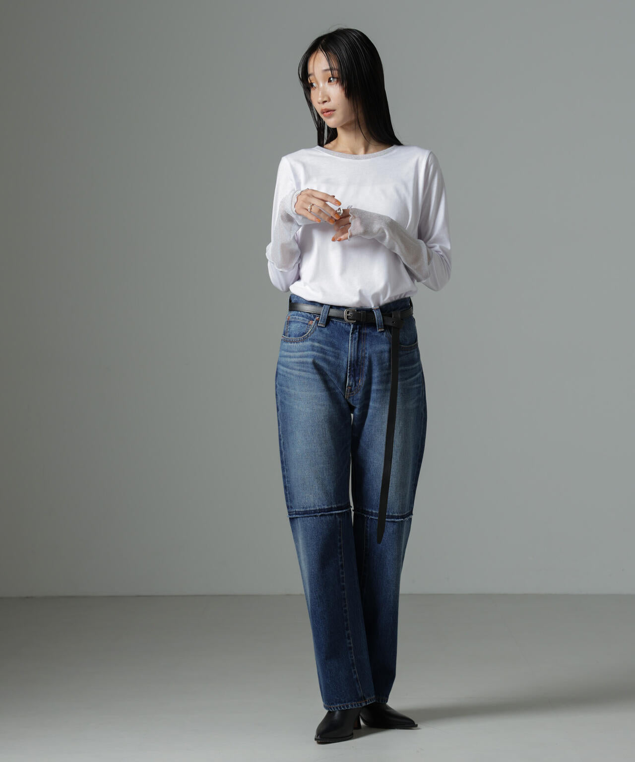 シアーラメ切り替えロングTシャツ