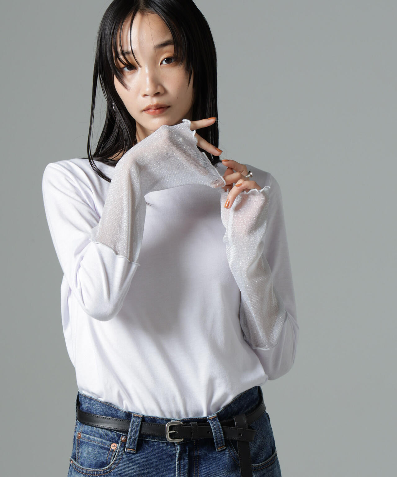 シアーラメ切り替えロングTシャツ