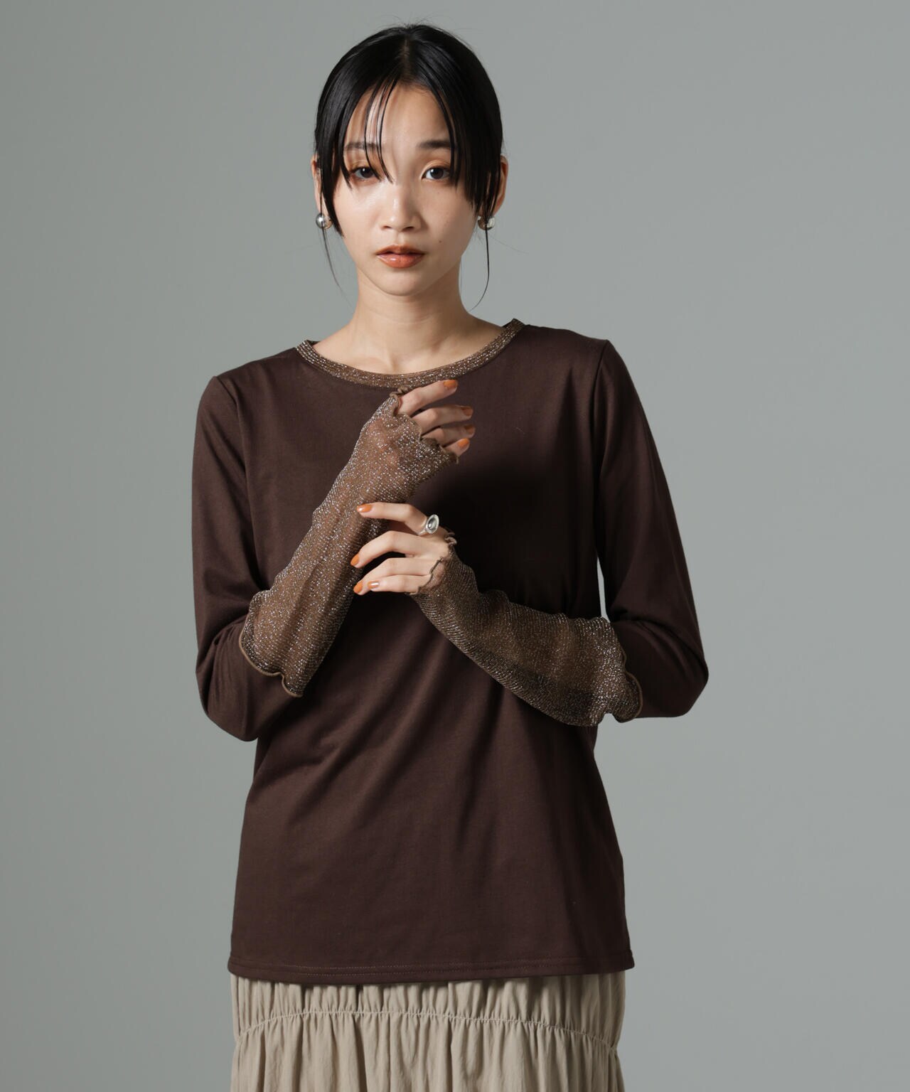 シアーラメ切り替えロングTシャツ