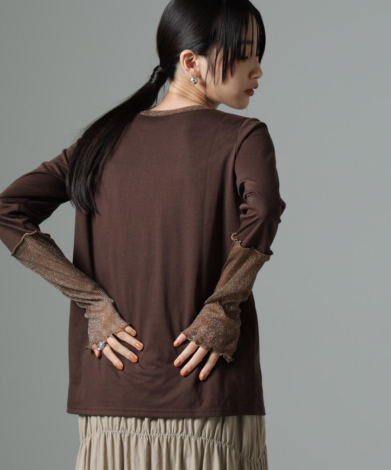 シアーラメ切り替えロングTシャツ