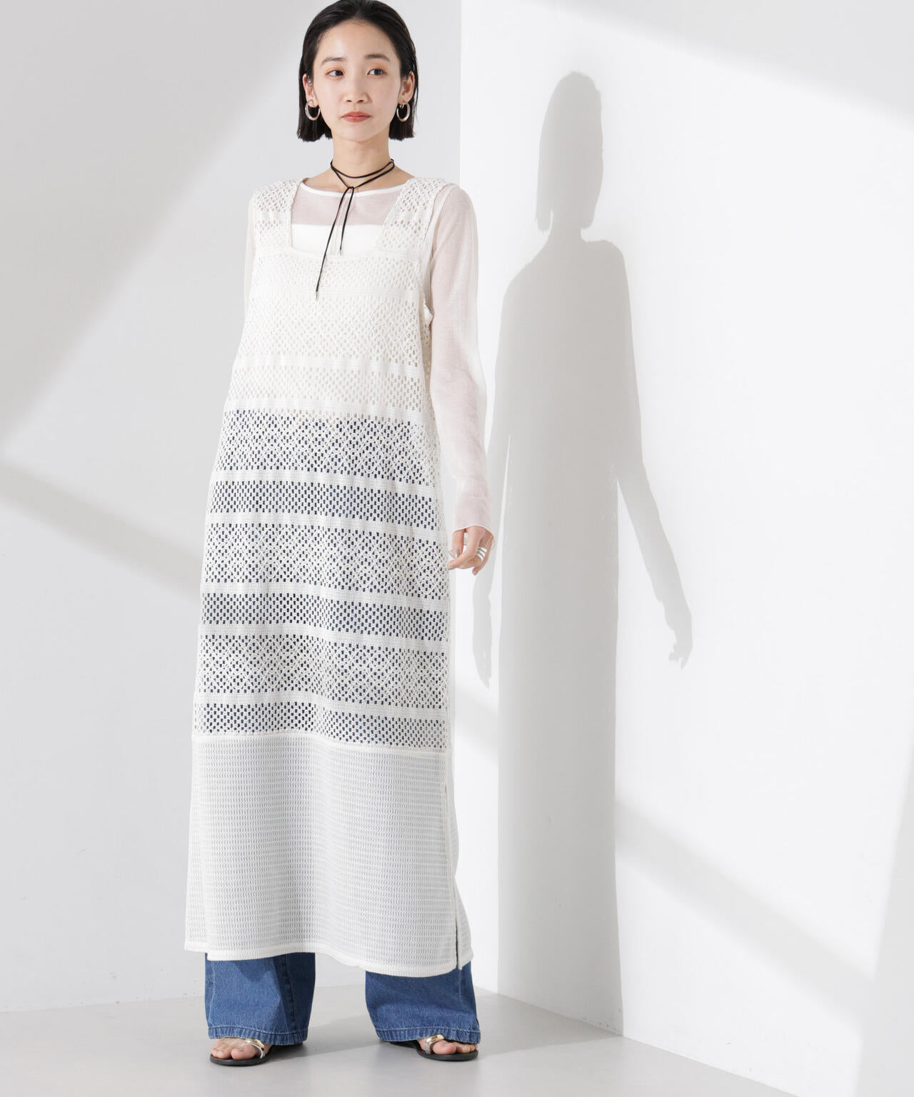 クロシェニット風レースノースリーブワンピース