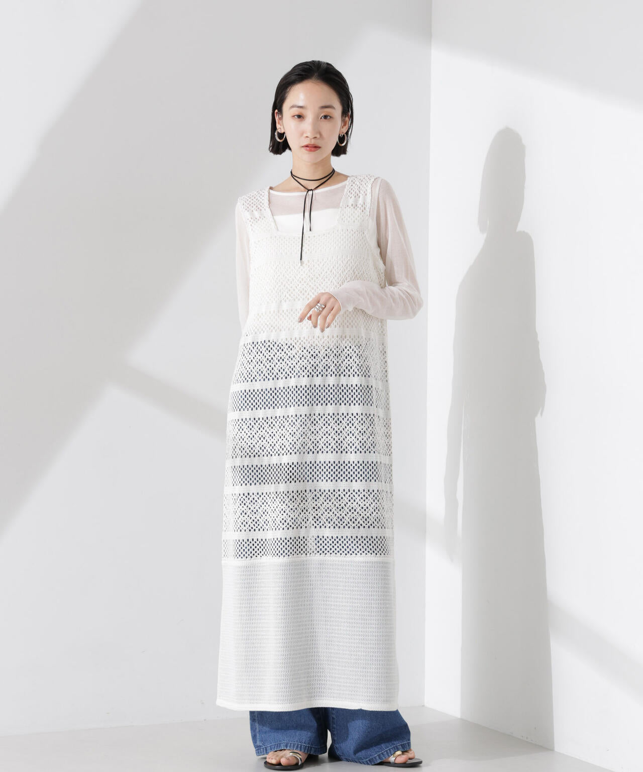 クロシェニット風レースノースリーブワンピース