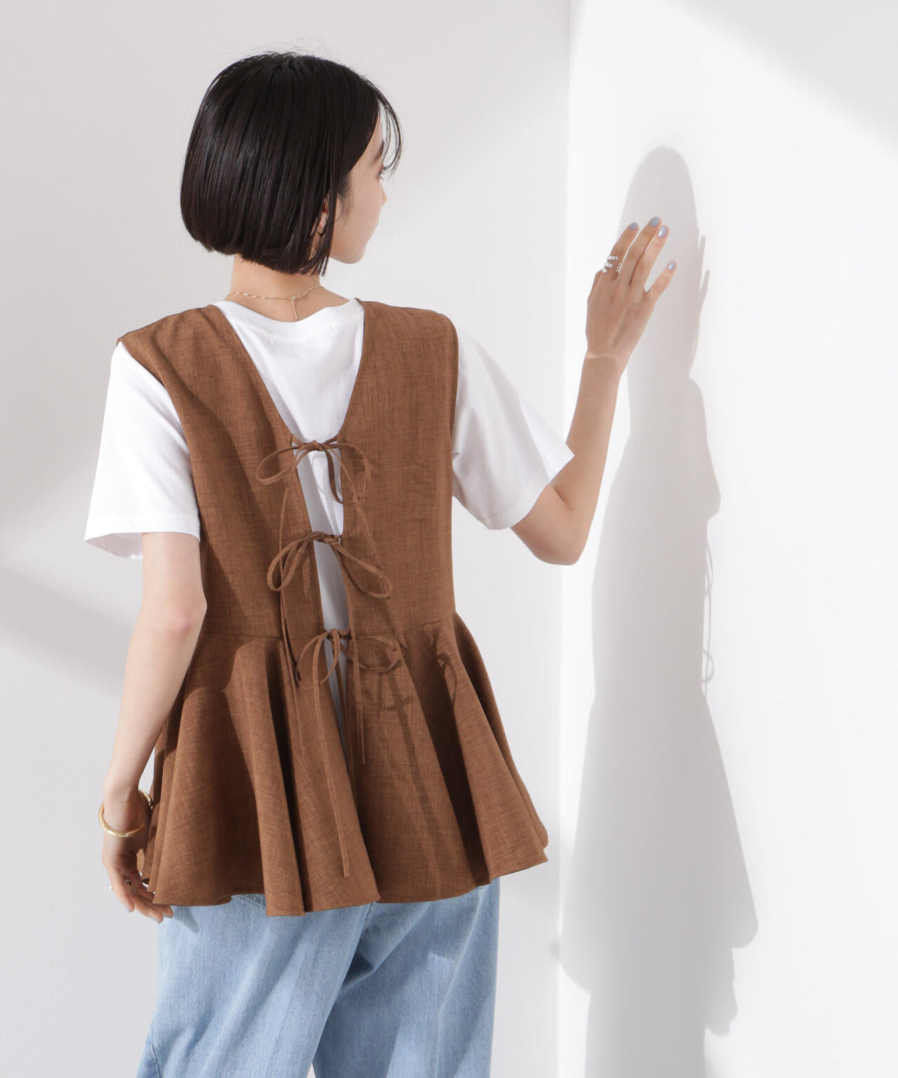 前後2wayリネンライクリボン結びジレブラウス(セットアップ可)