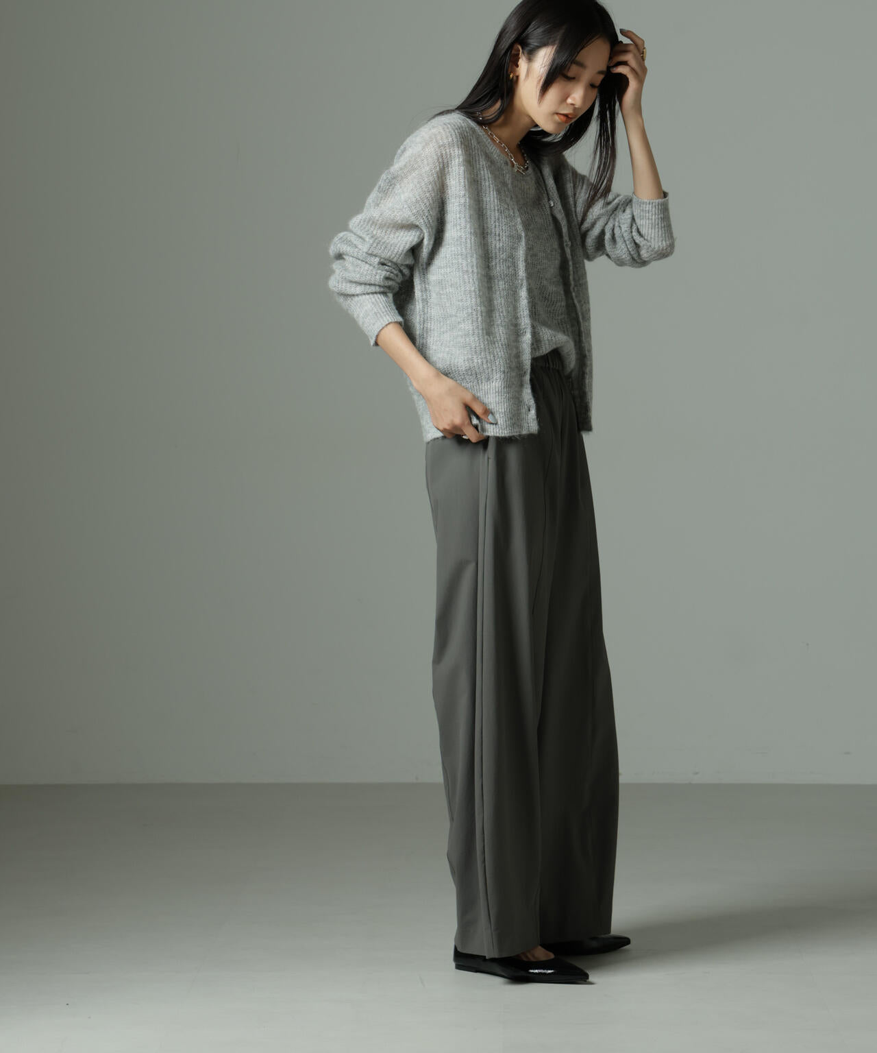 モヘヤ混クルーネックニットカーディガン(セットアップ可)