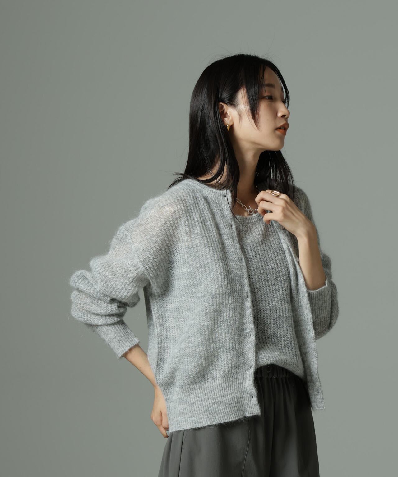 モヘヤ混クルーネックニットカーディガン(セットアップ可)