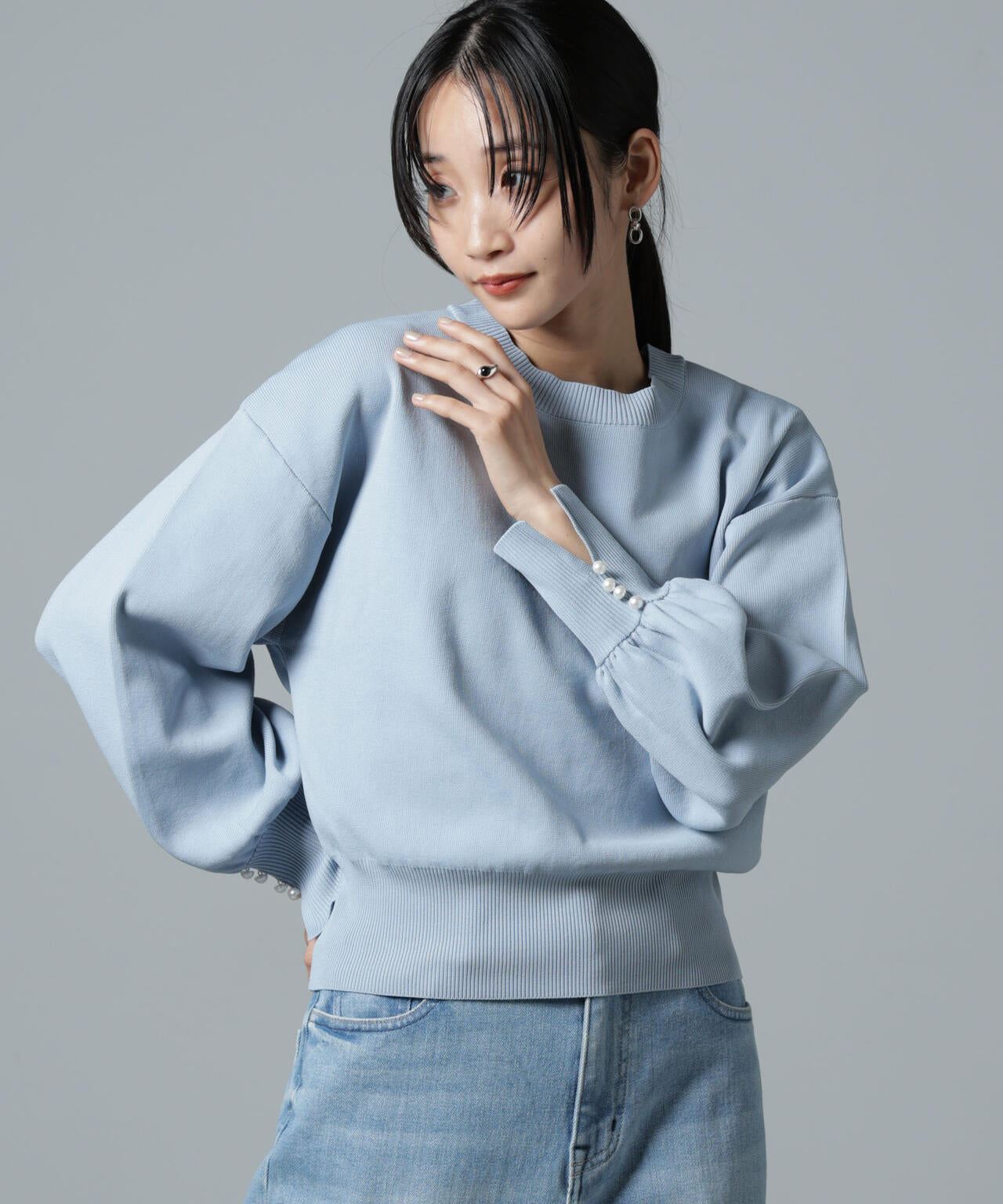 洗濯機洗い可パールスリーブニットトップス