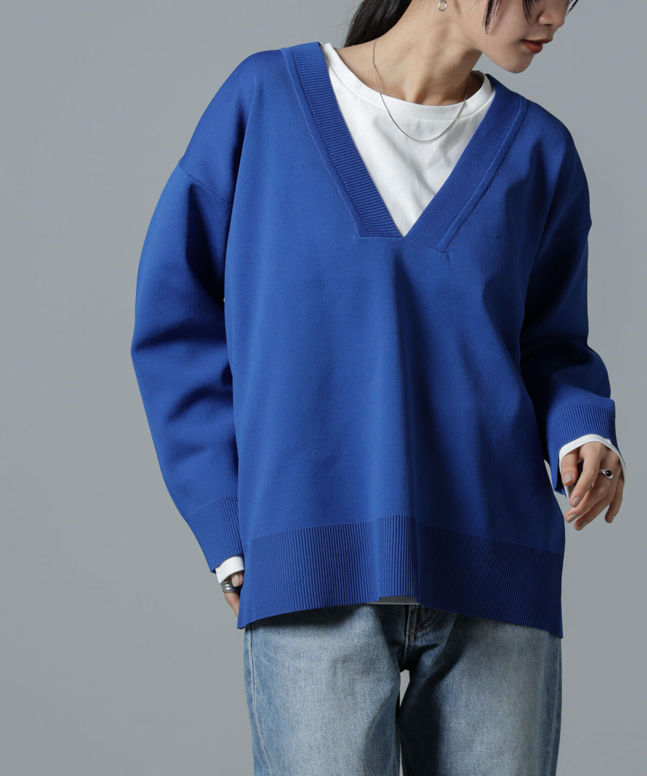 洗濯機洗い可Vネックバックスリットニットトップス