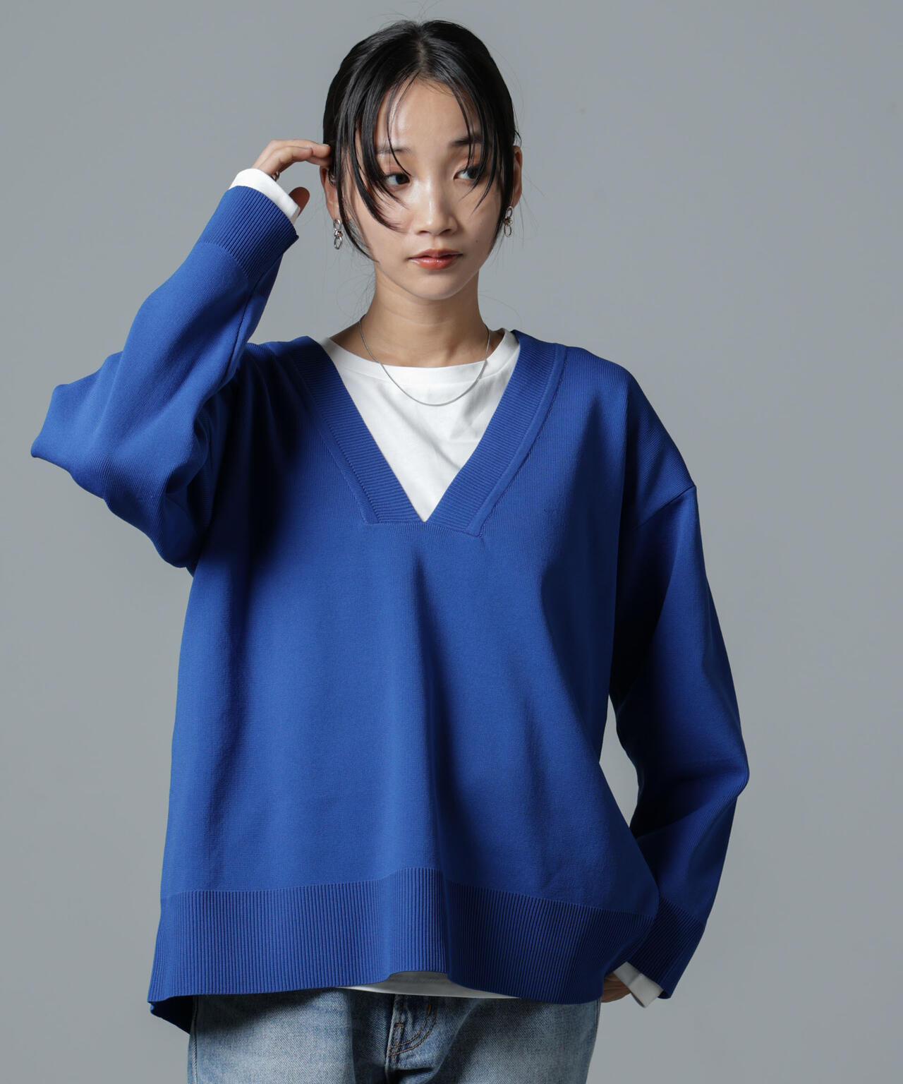 洗濯機洗い可Vネックバックスリットニットトップス