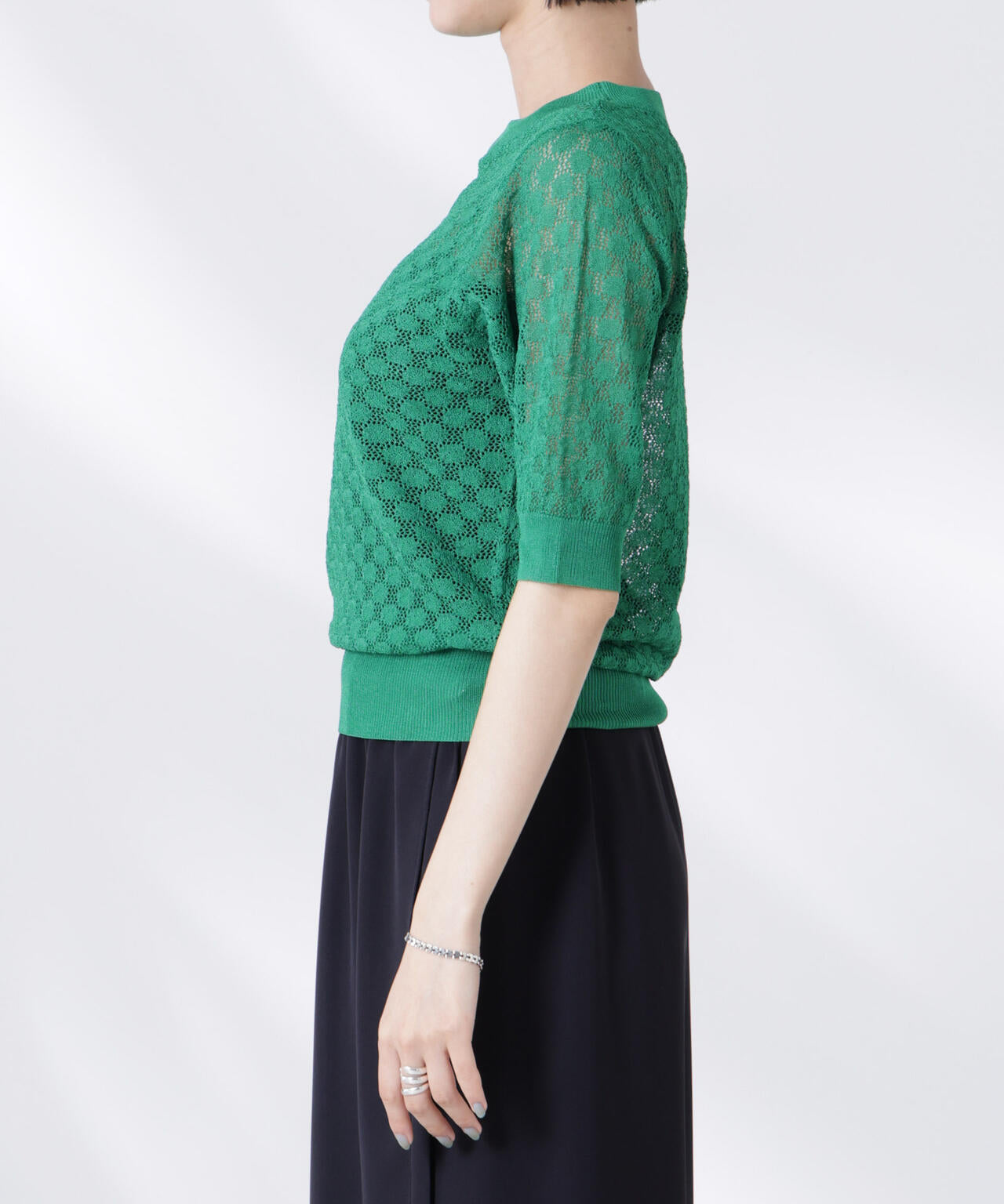 レース柄クルーネック半袖ニット