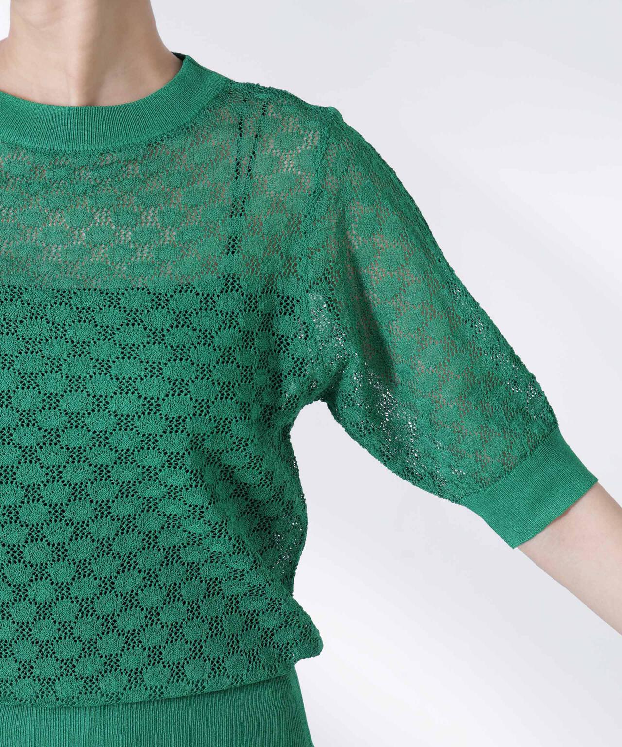 レース柄クルーネック半袖ニット