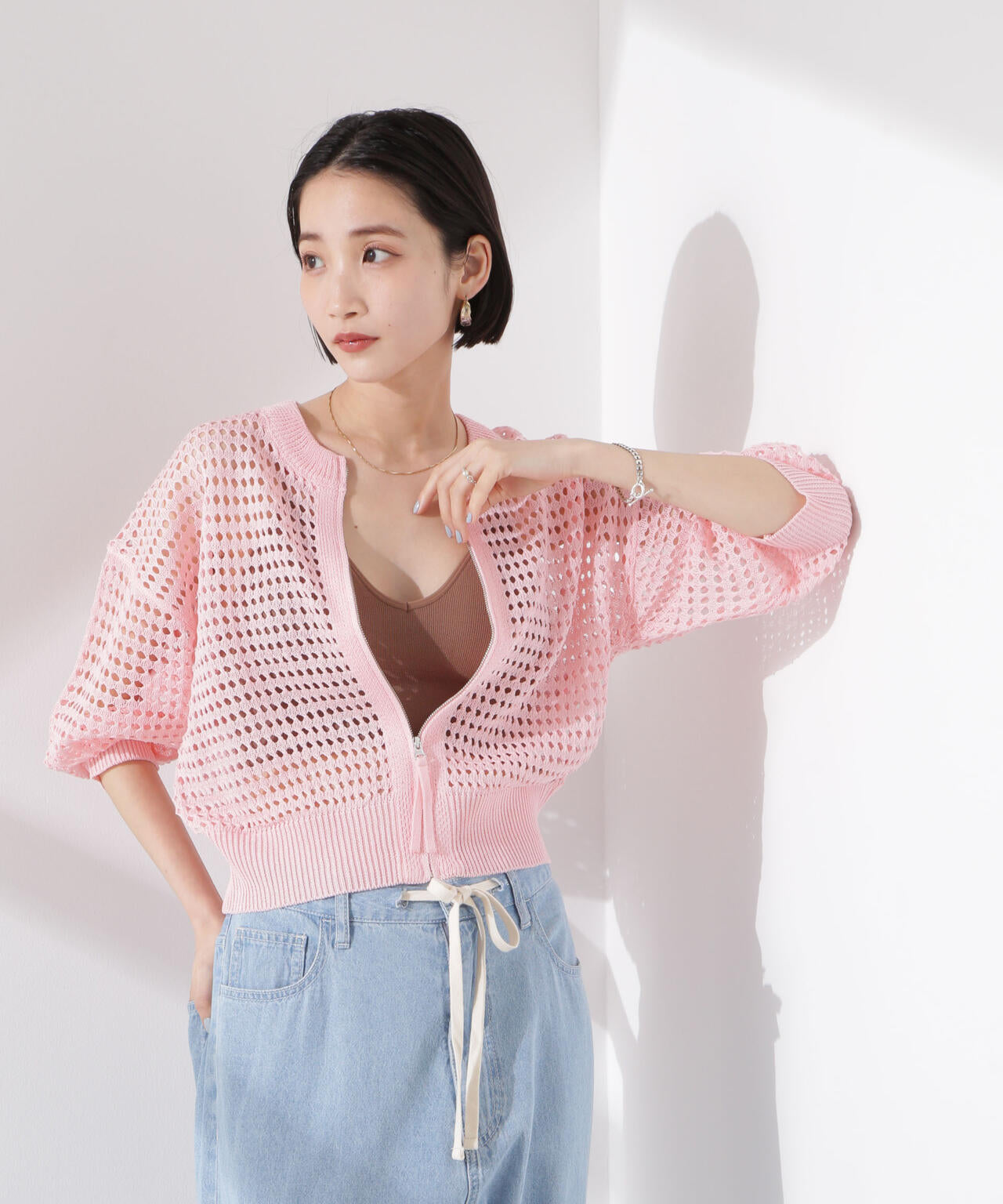 メッシュニットジップカーディガン