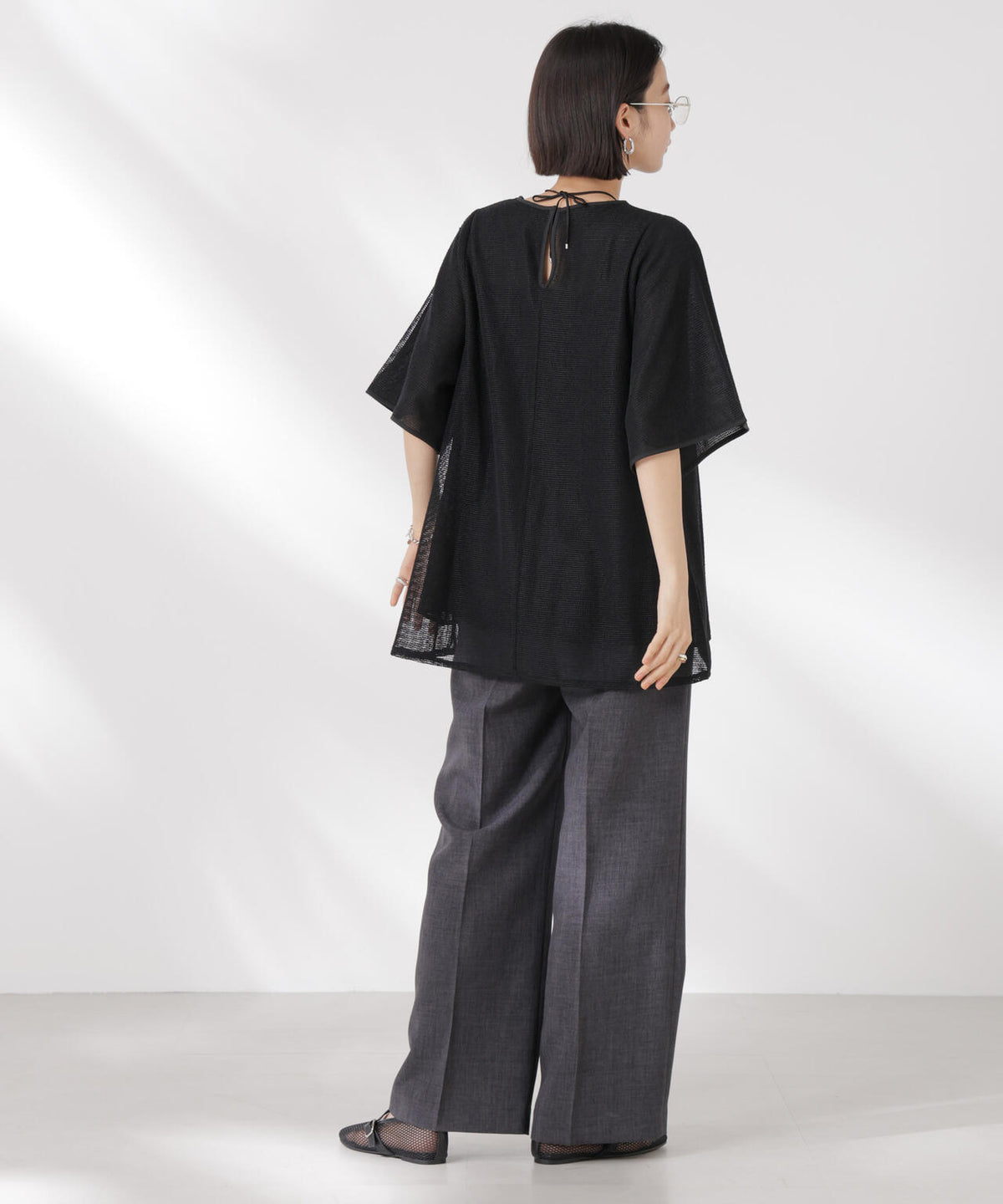 メッシュ×シフォンコンビチュニックトップス