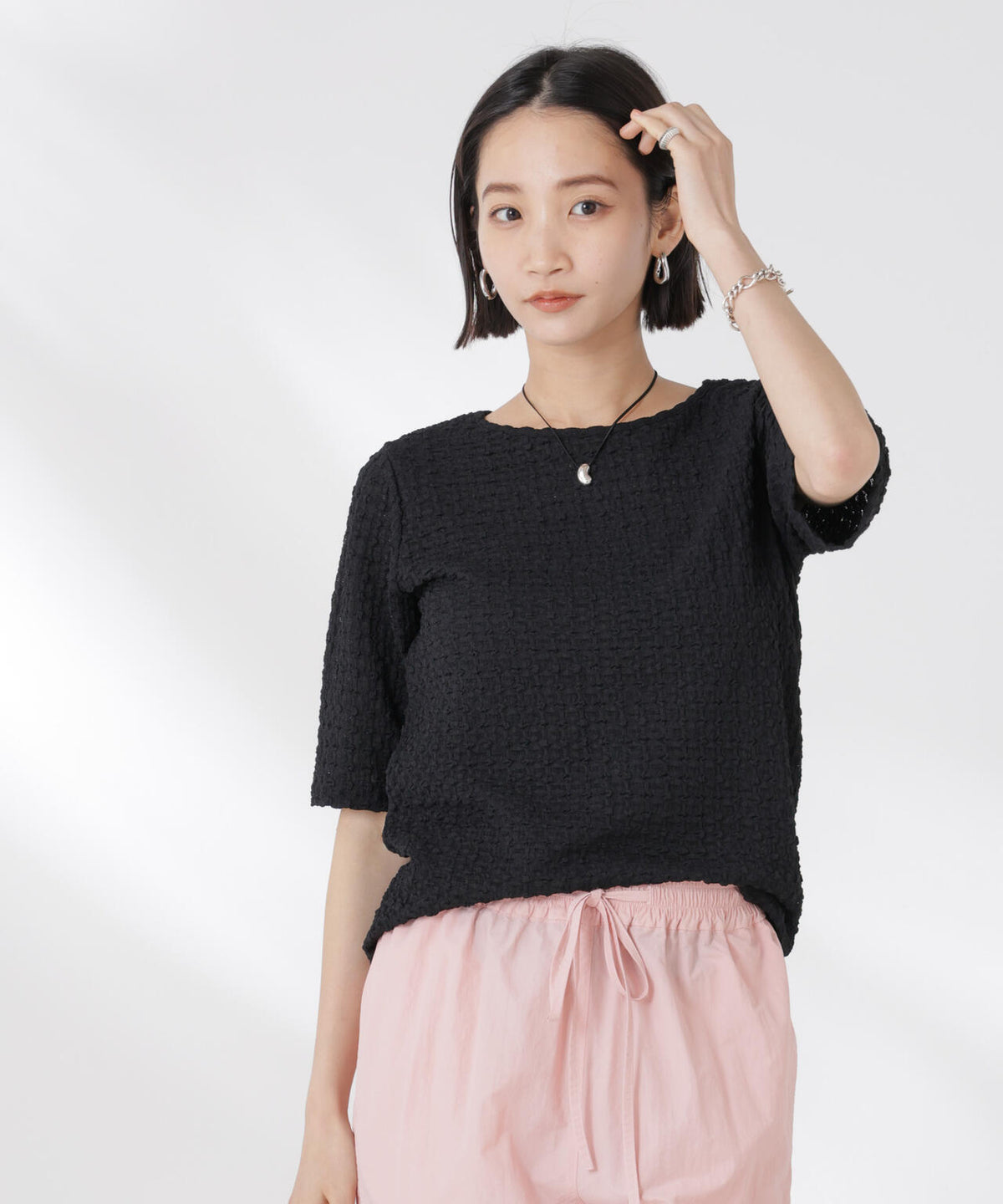 カットサッカークルーネックTシャツ