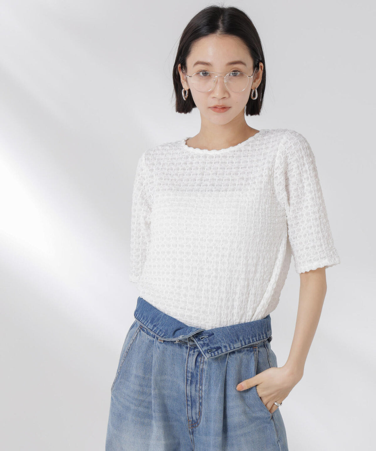 カットサッカークルーネックTシャツ