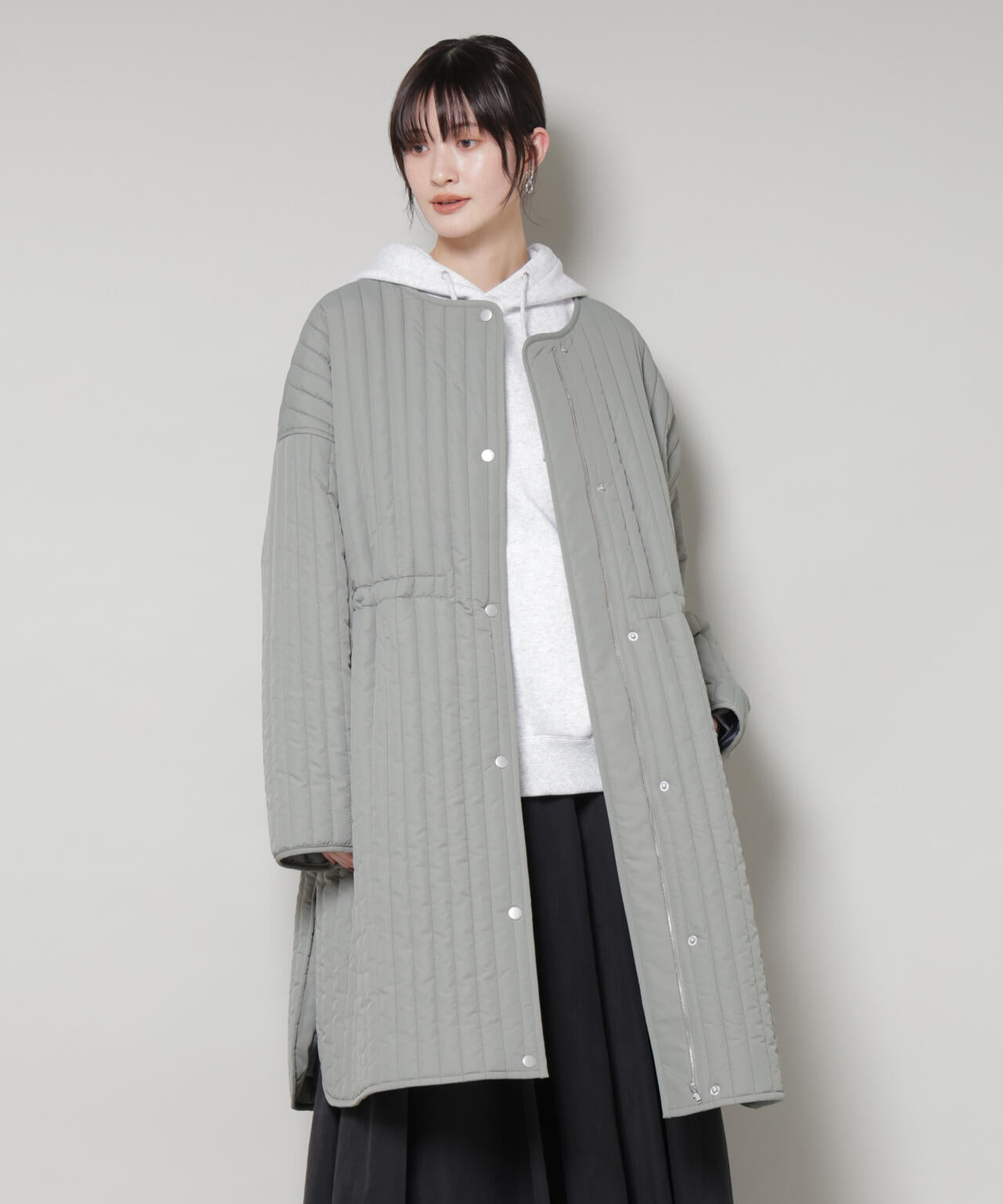 撥水加工 中綿キルティングウエストドロストノーカラーコート