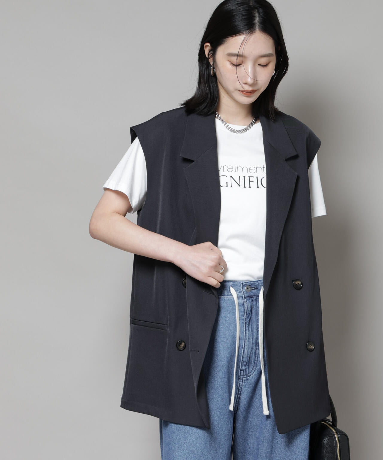 テーラードWボタンミドルジレ(セットアップ可)