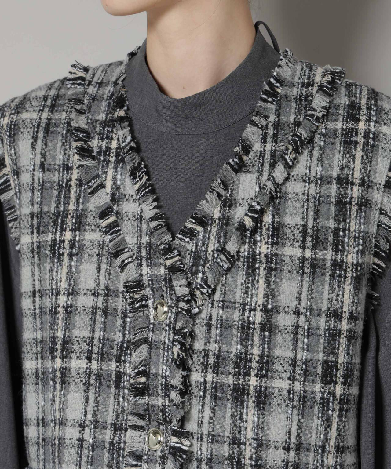 チェックフリンジ金ボタンジレ(セットアップ可)