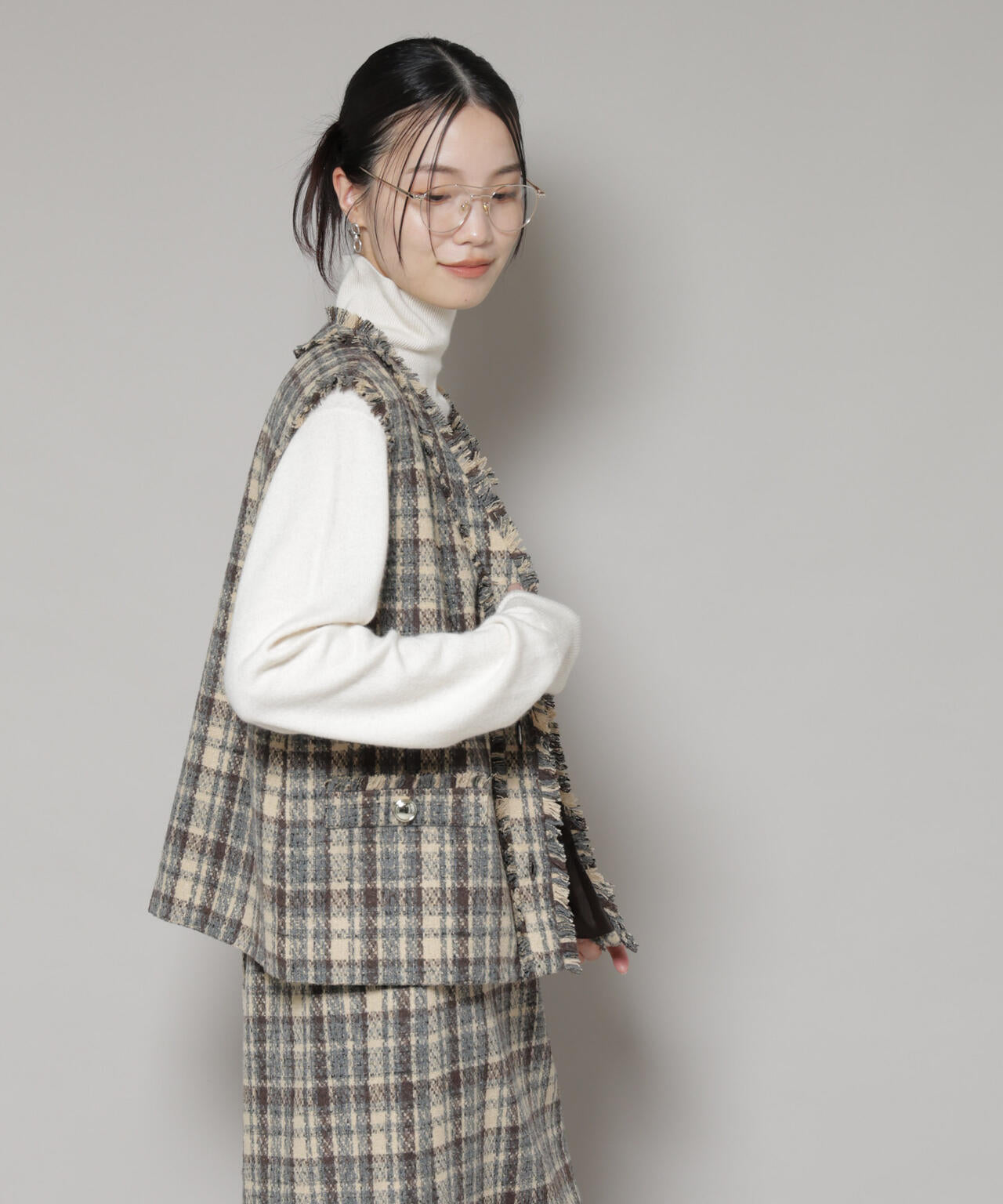 チェックフリンジ金ボタンジレ(セットアップ可)