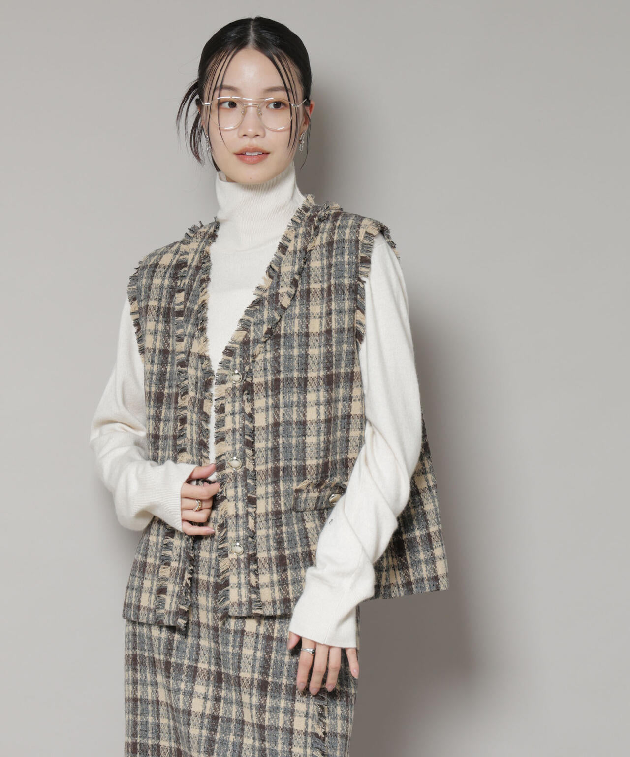 チェックフリンジ金ボタンジレ(セットアップ可)