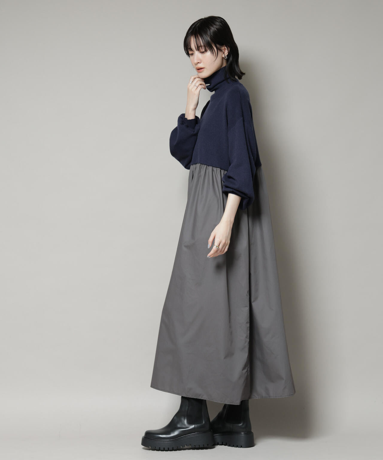 異素材コンビドッキングタートルワンピース