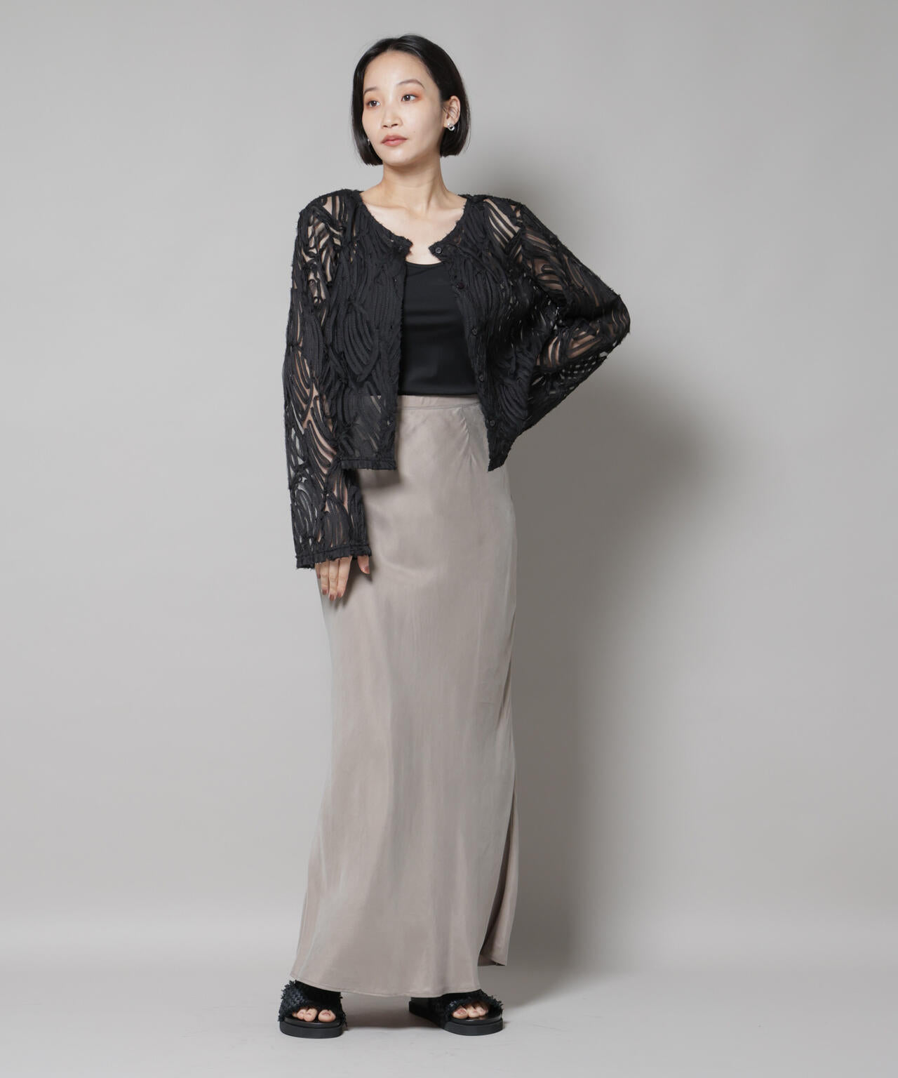 テープ刺繍チュール前後2wayカーディガン(セットアップ可)