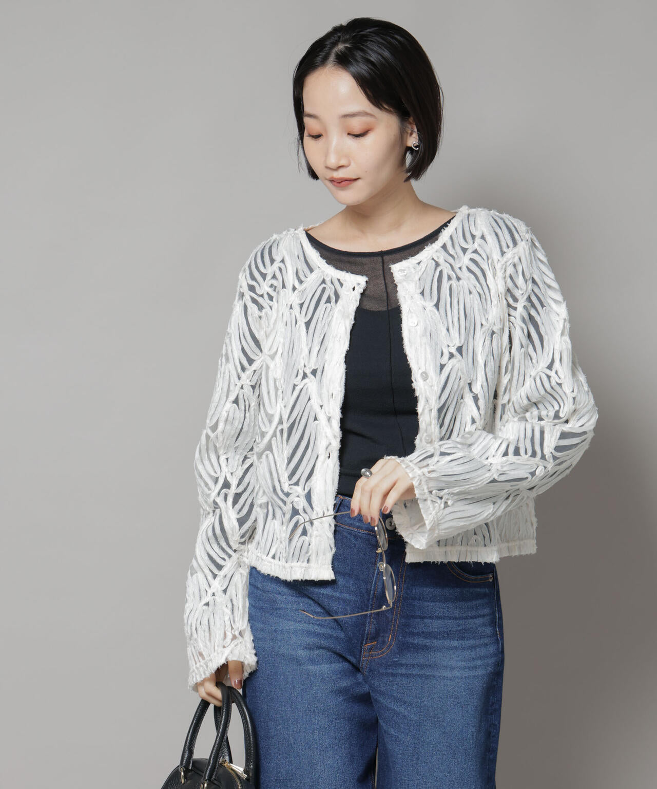 テープ刺繍チュール前後2wayカーディガン(セットアップ可)