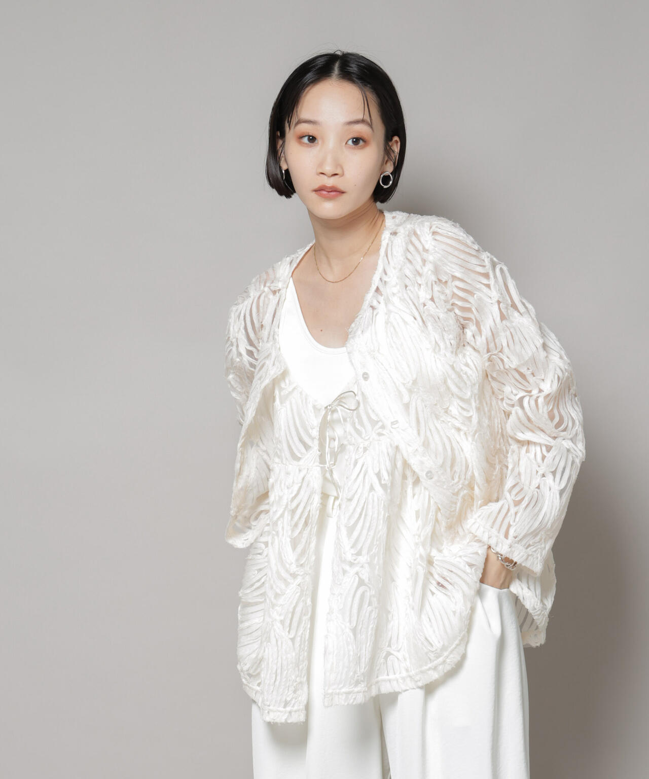 テープ刺繍チュール前後2wayカーディガン(セットアップ可)