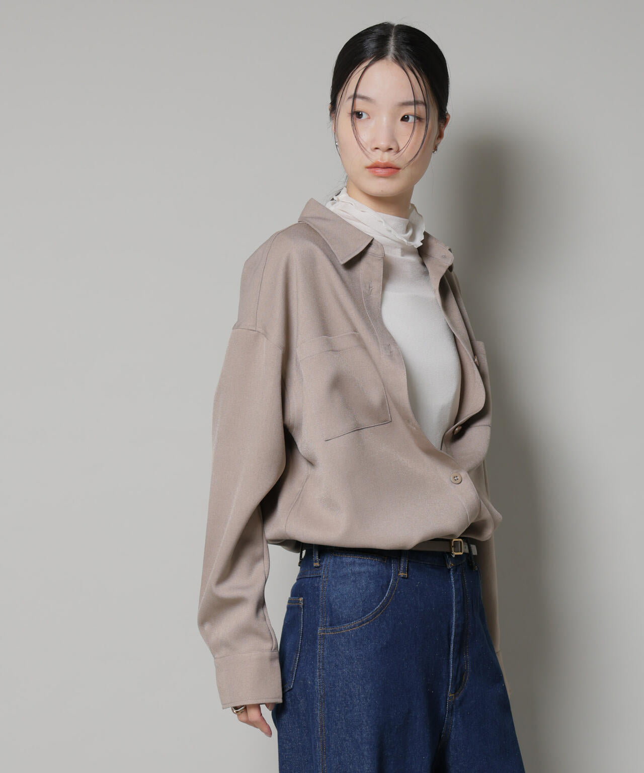 ウールライクポリエステルワイドシルエットシャツ(セットアップ可)