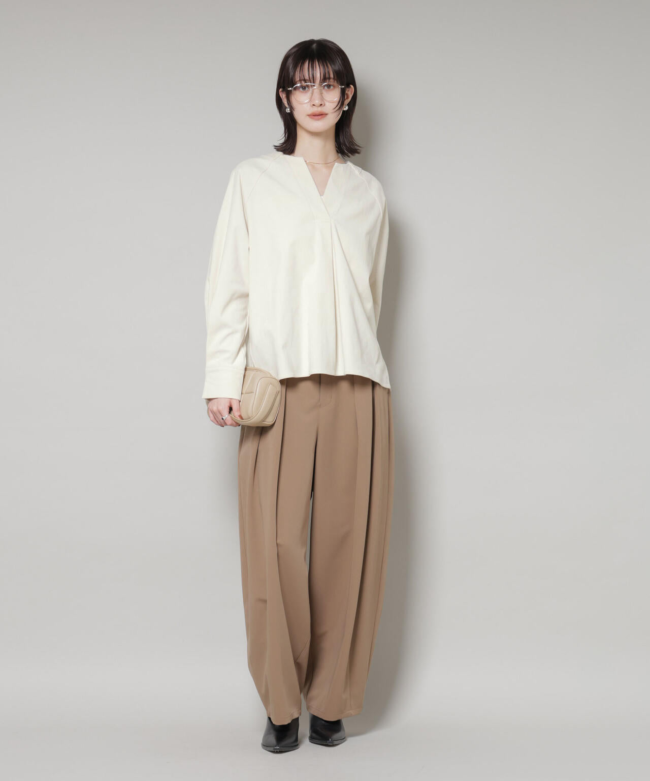 ストレッチ起毛スキッパープルオーバーブラウス(セットアップ可)