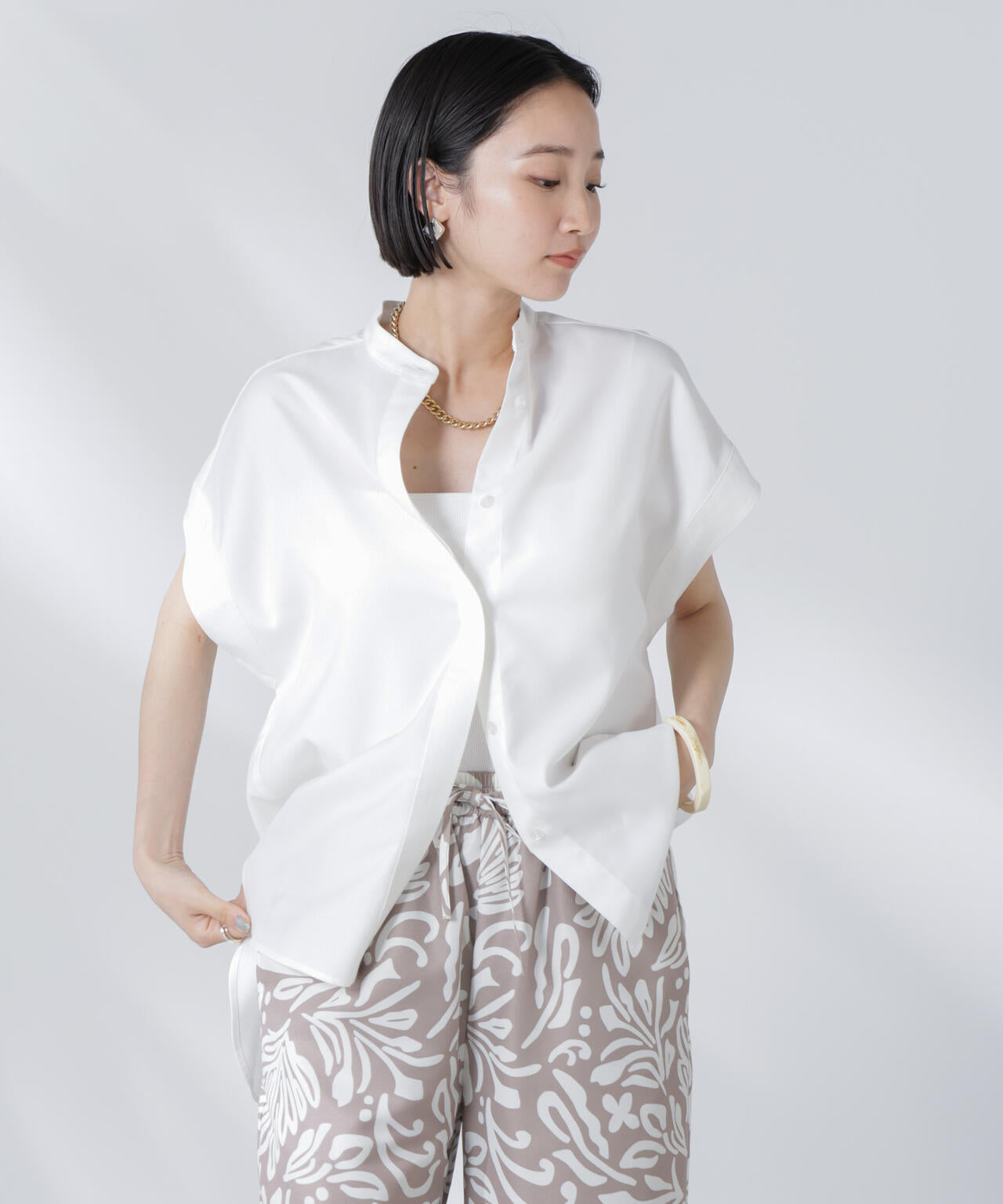 バンドカラーノースリーブシャツ(セットアップ可)