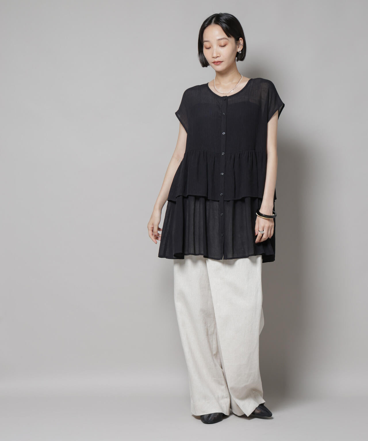前後2wayシアー楊柳ノースリーブティアードブラウス