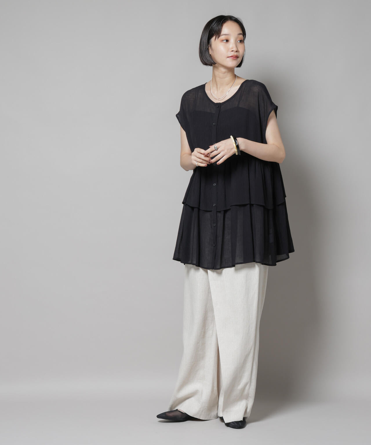 前後2wayシアー楊柳ノースリーブティアードブラウス