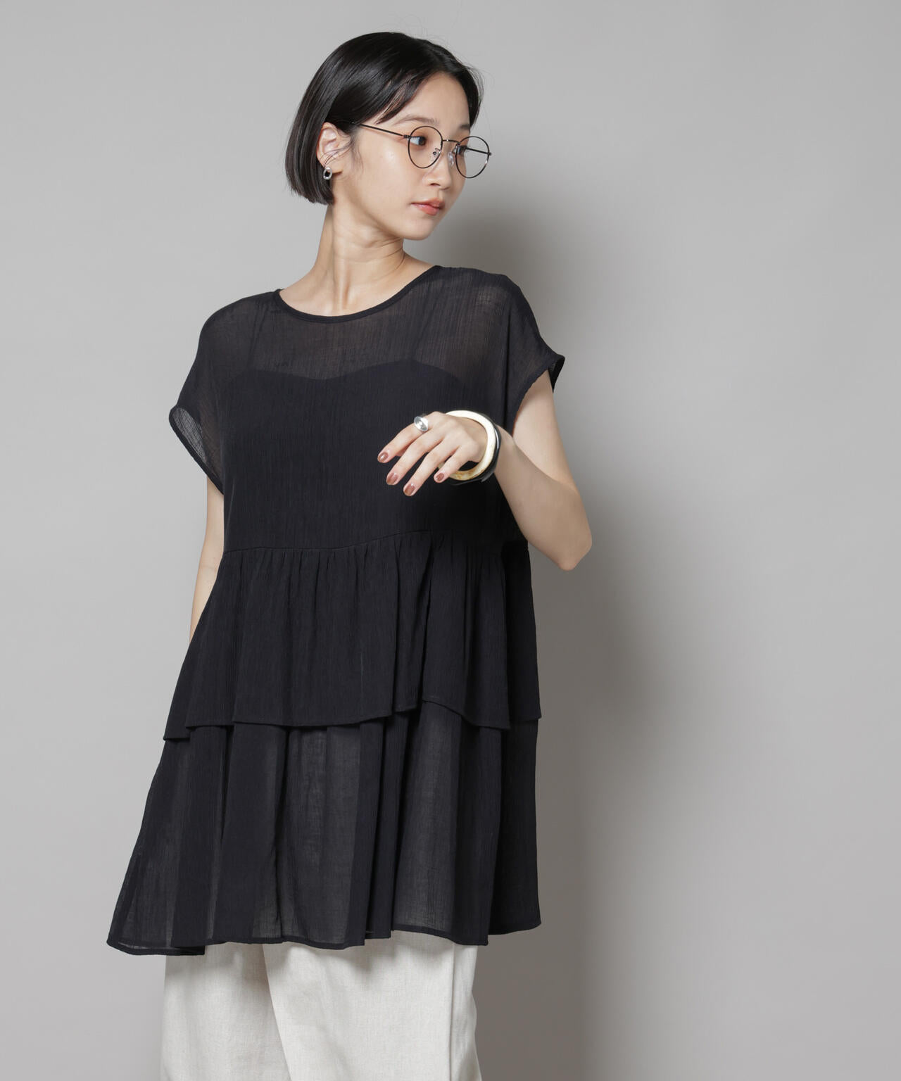 前後2wayシアー楊柳ノースリーブティアードブラウス