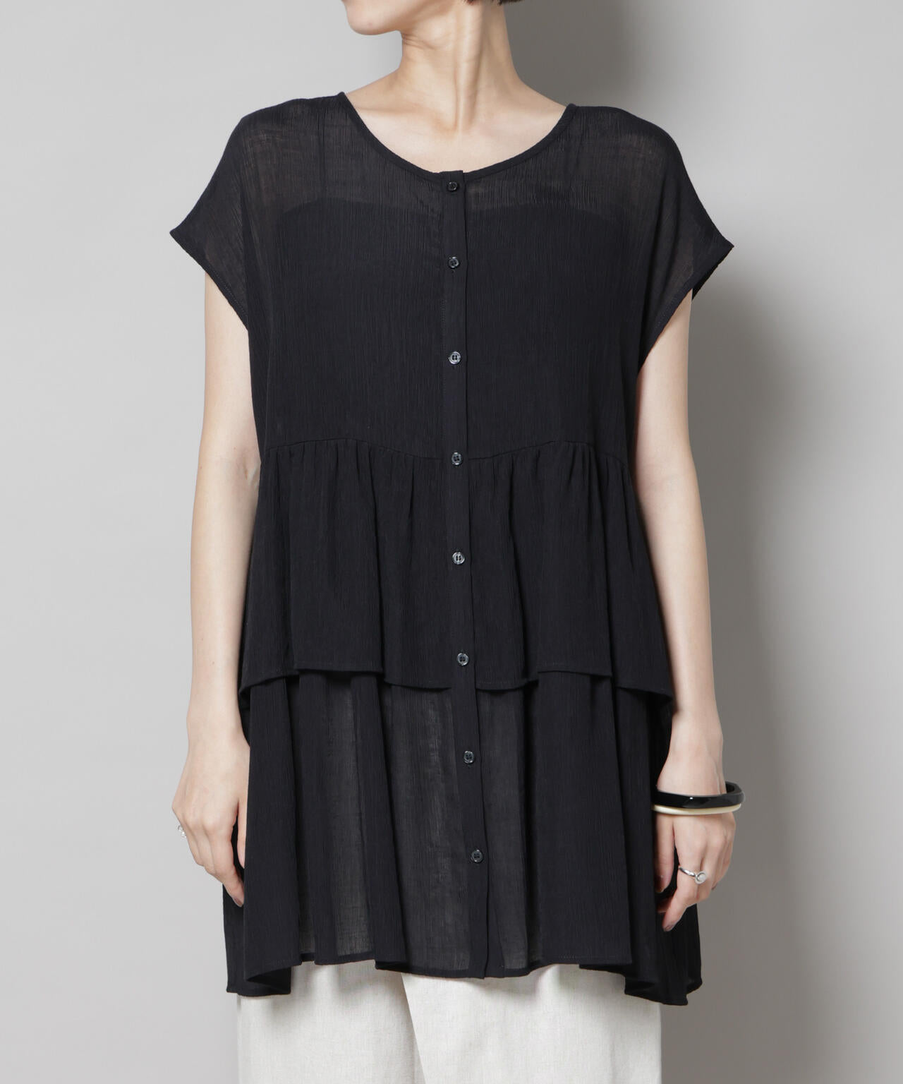 前後2wayシアー楊柳ノースリーブティアードブラウス