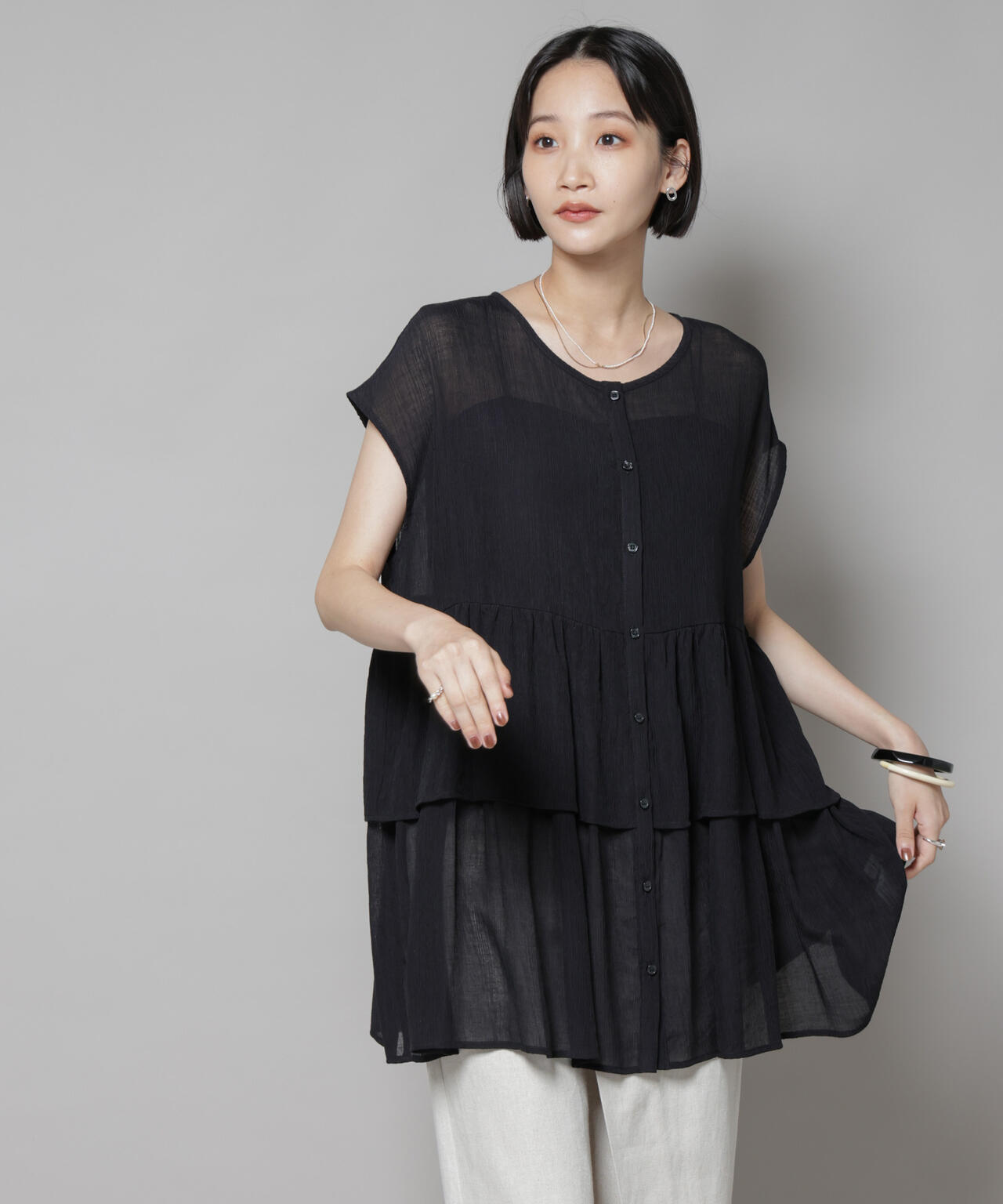 前後2wayシアー楊柳ノースリーブティアードブラウス