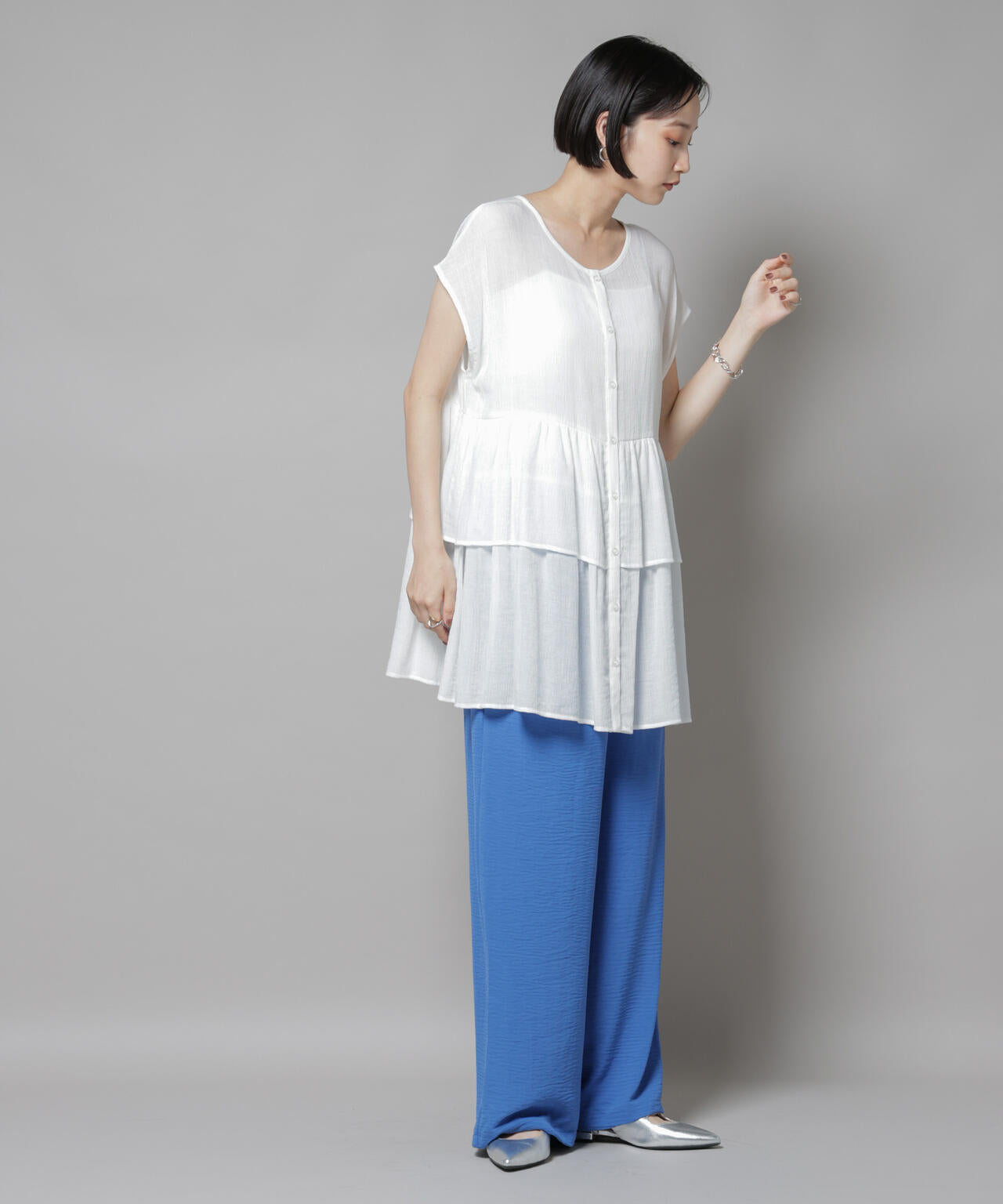 前後2wayシアー楊柳ノースリーブティアードブラウス