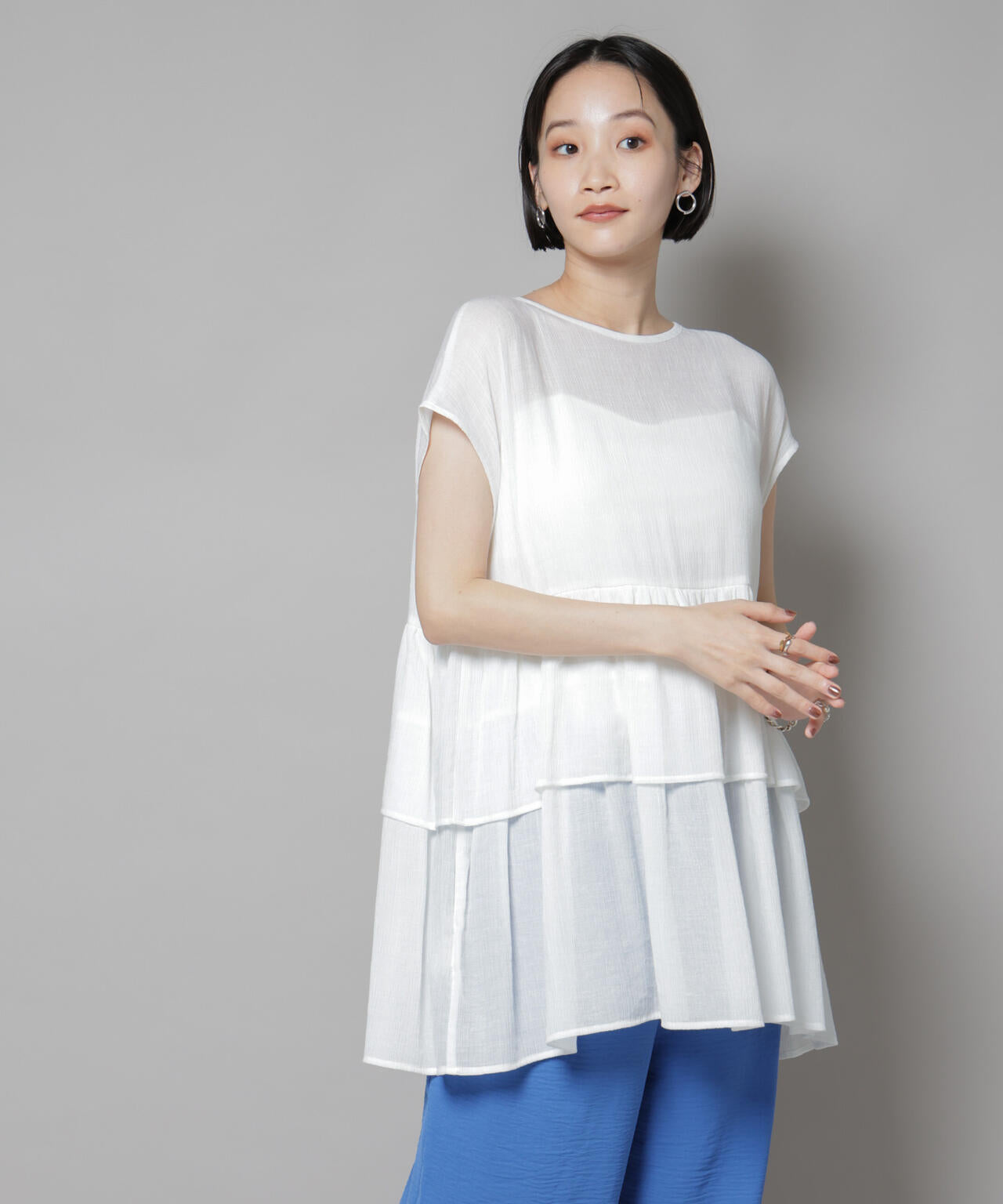前後2wayシアー楊柳ノースリーブティアードブラウス