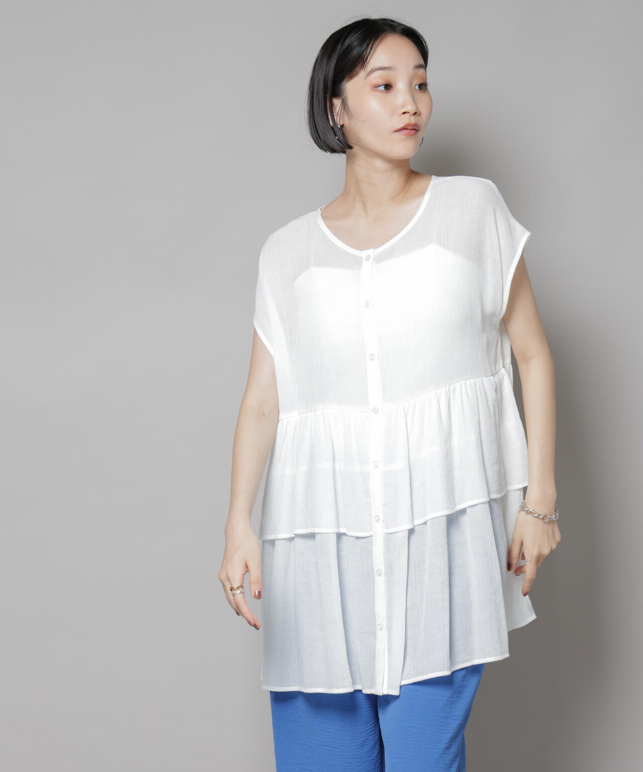 前後2wayシアー楊柳ノースリーブティアードブラウス