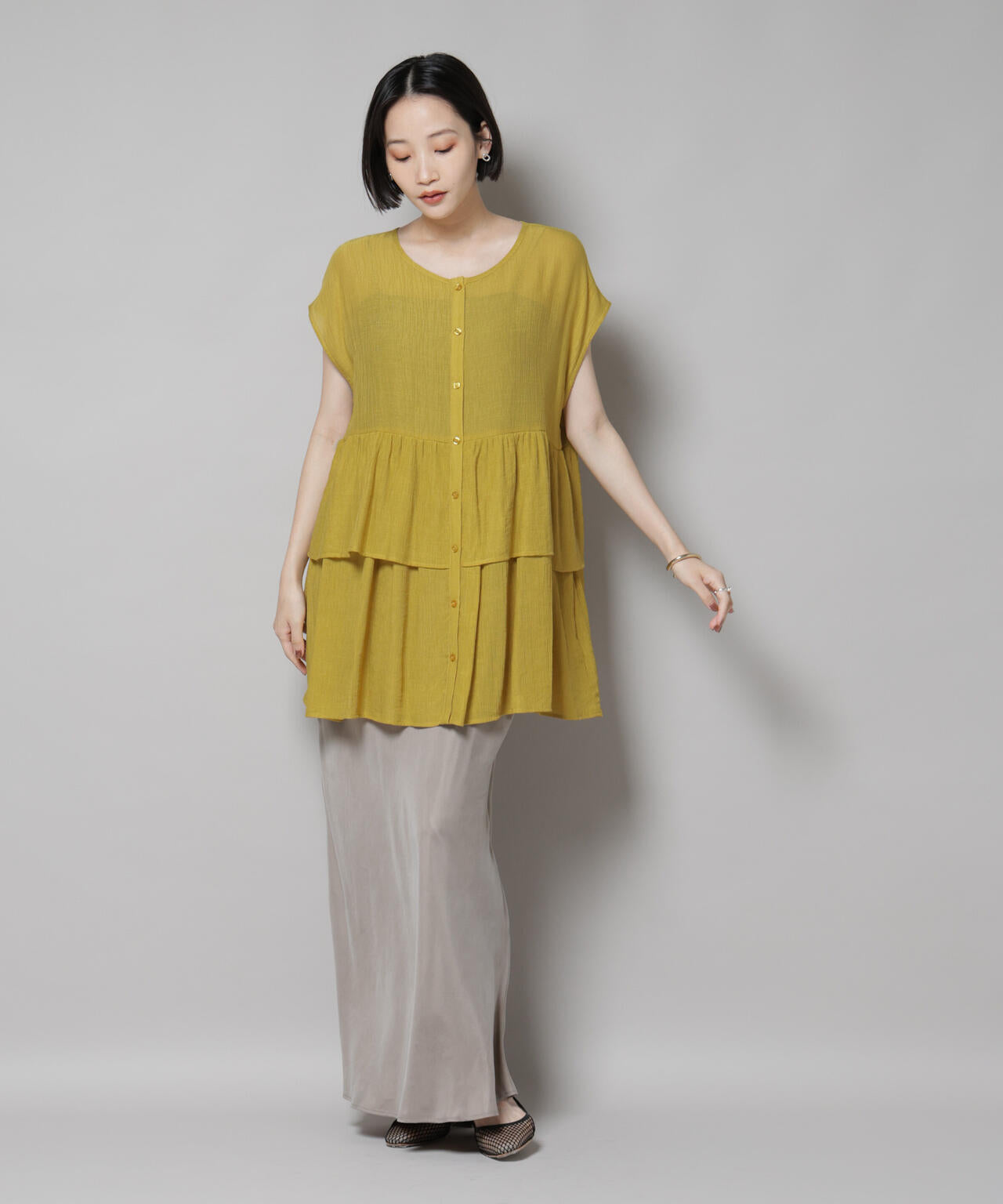 前後2wayシアー楊柳ノースリーブティアードブラウス