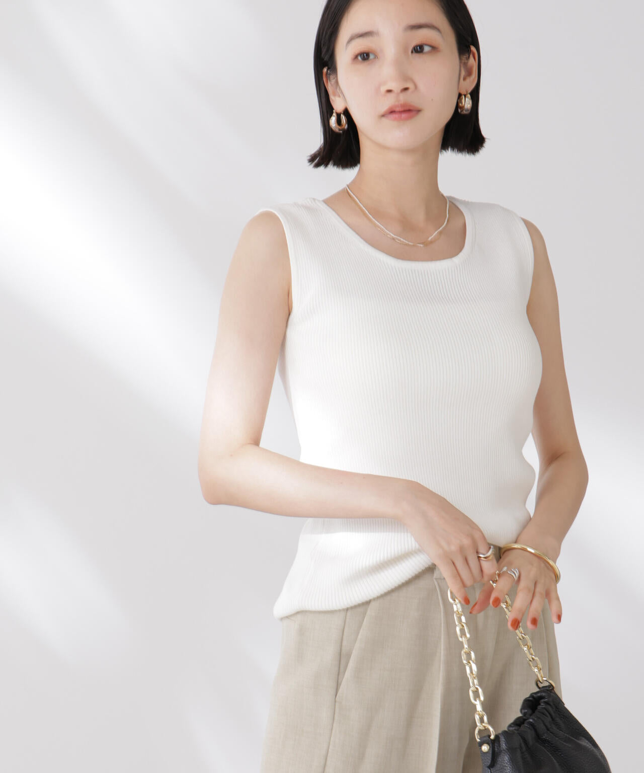 前後2wayスクエア&クルーネックリブニットタンクトップ