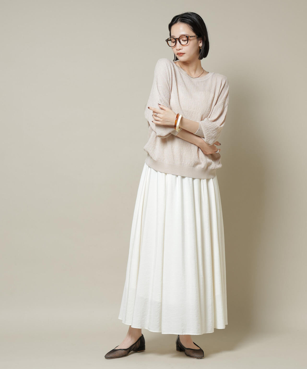 梨地ボートネックワイドシルエットニット