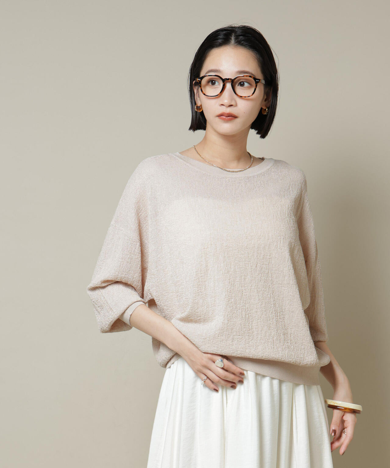 梨地ボートネックワイドシルエットニット