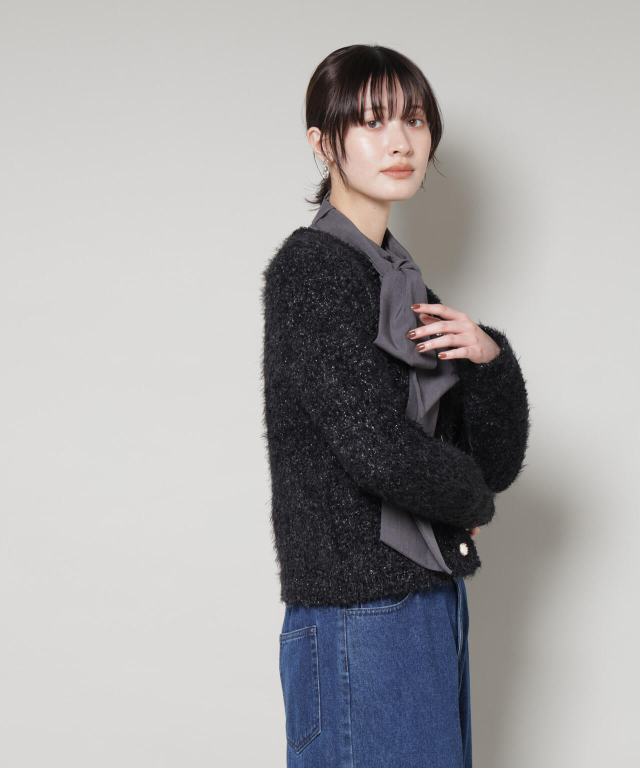 チュールシャギークルーネックニットカーディガン