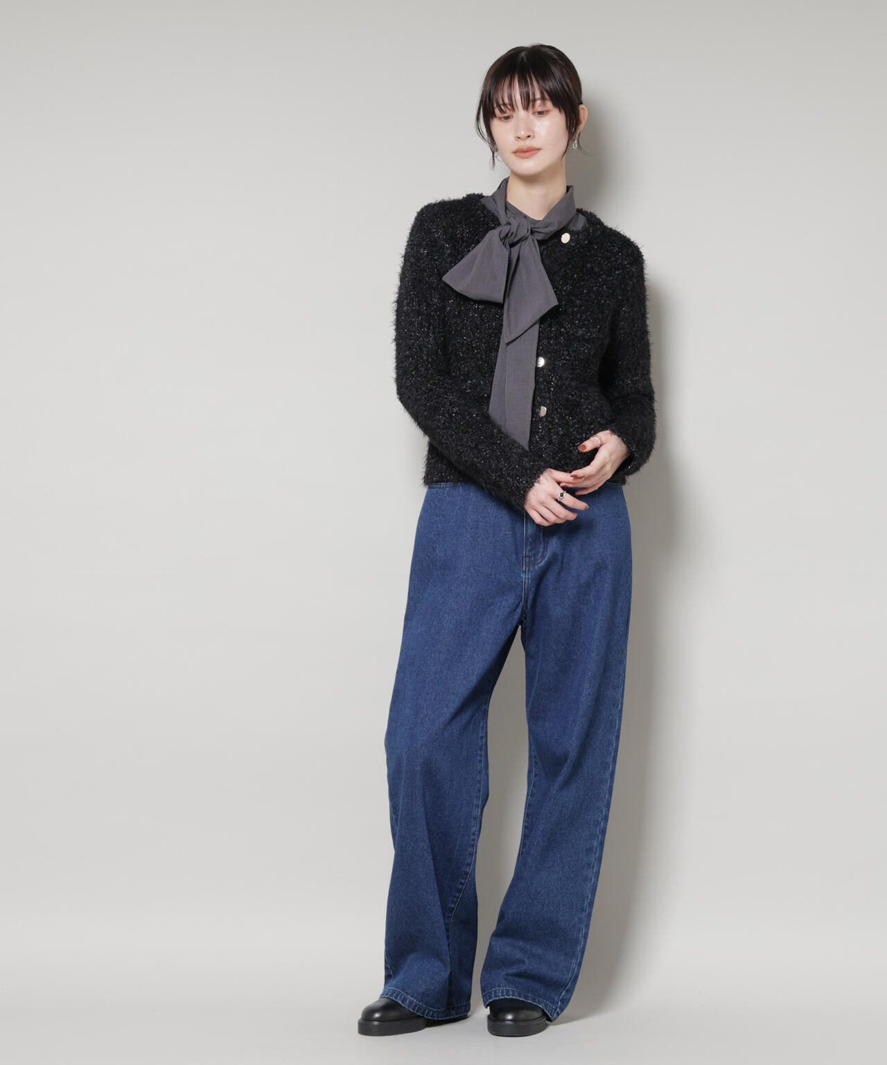 チュールシャギークルーネックニットカーディガン