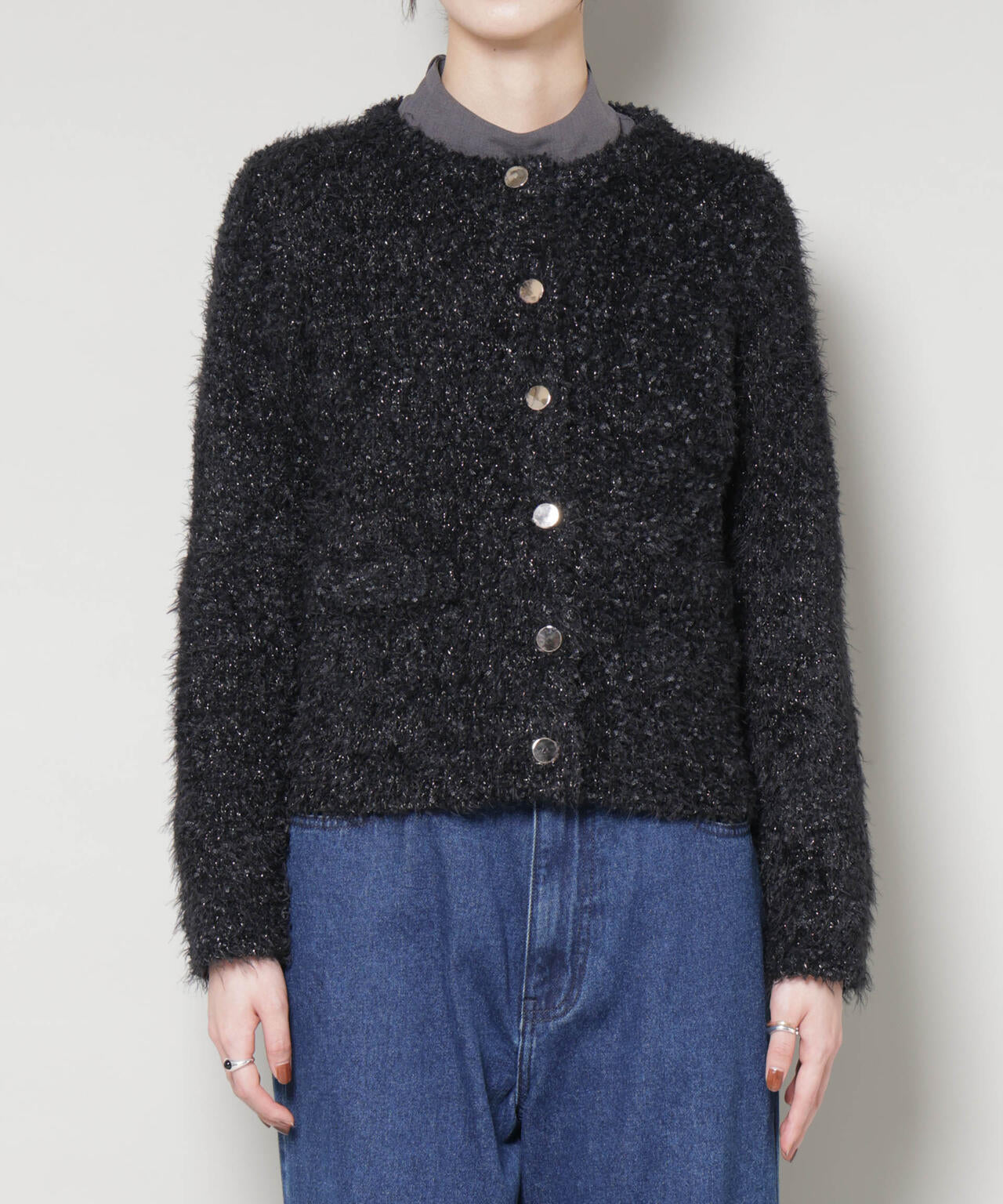 チュールシャギークルーネックニットカーディガン