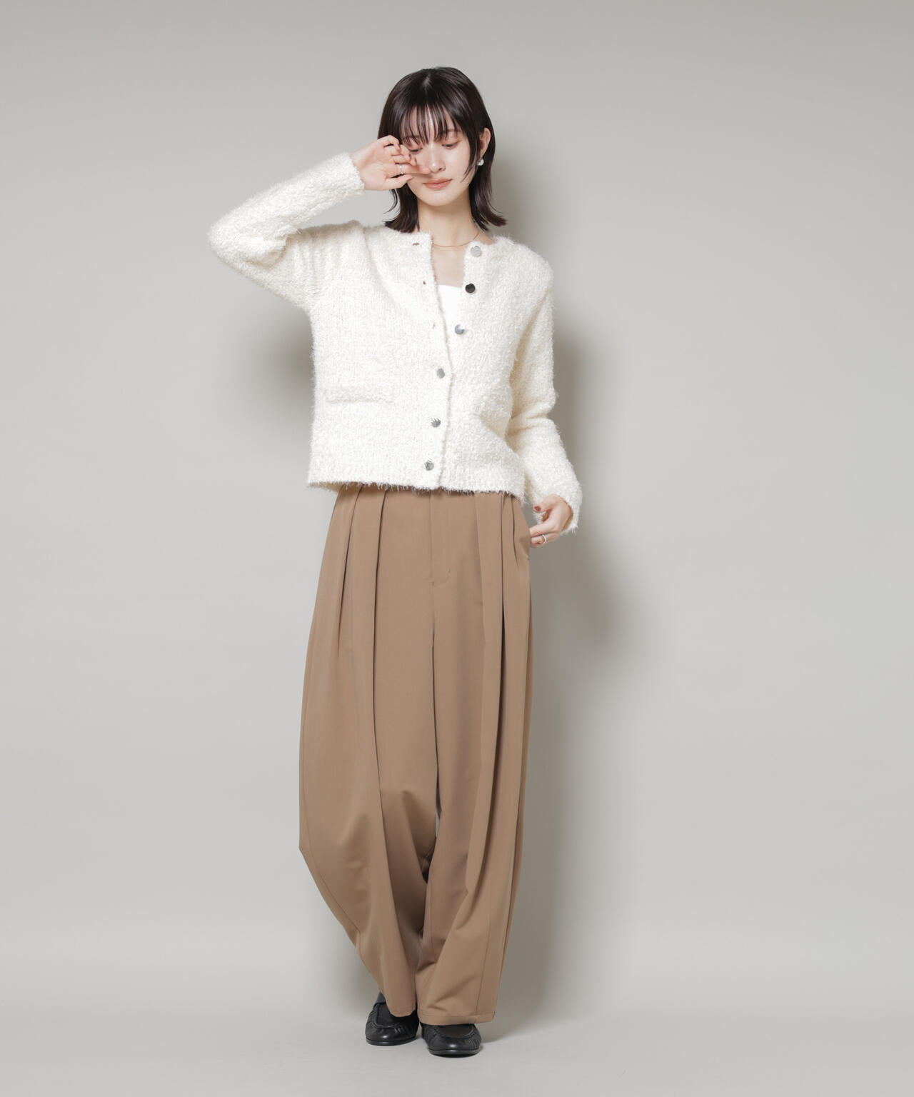 チュールシャギークルーネックニットカーディガン