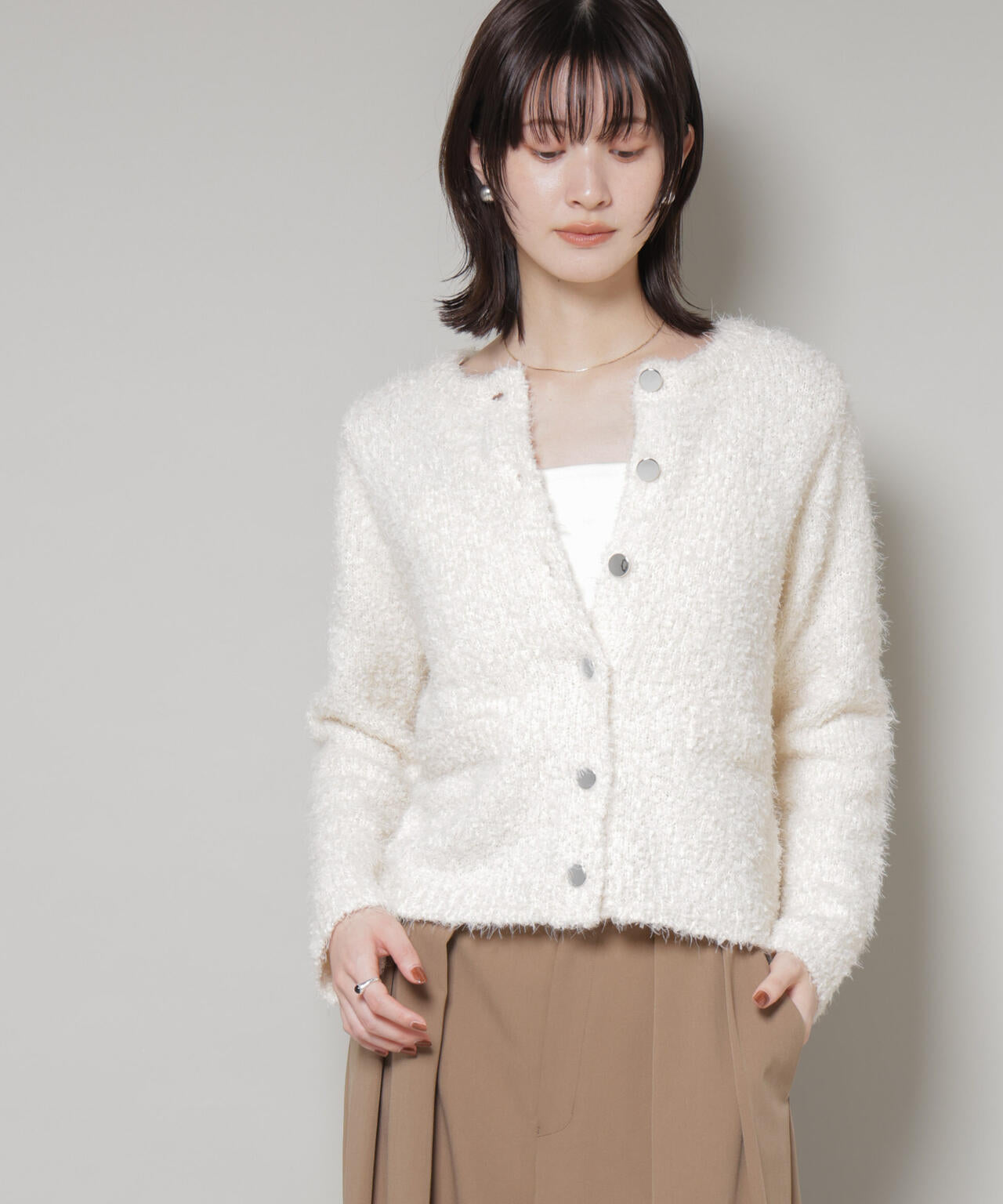 チュールシャギークルーネックニットカーディガン