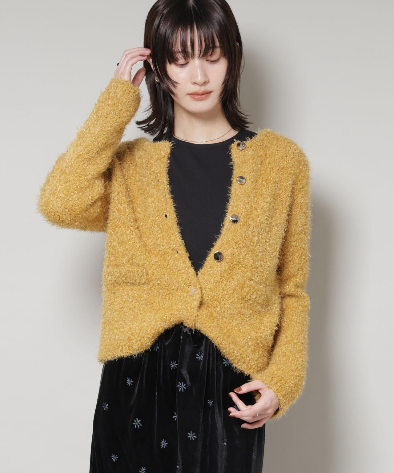 チュールシャギークルーネックニットカーディガン