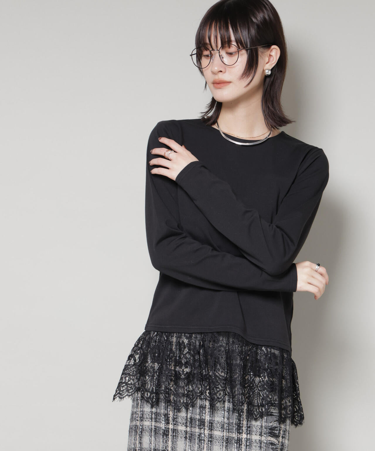 裾レースドッキングロングTシャツ