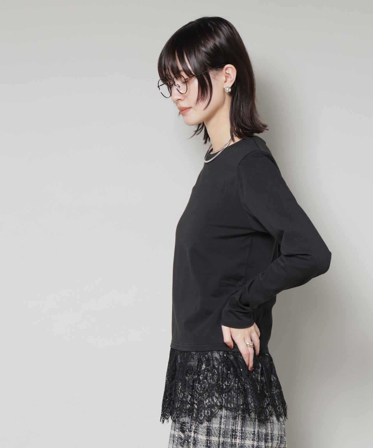 裾レースドッキングロングTシャツ